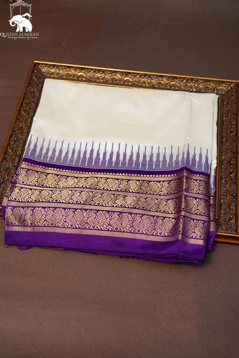 Off White With Royal Purple Pure Ikat Silk Saree - Queens Jewel Emporium