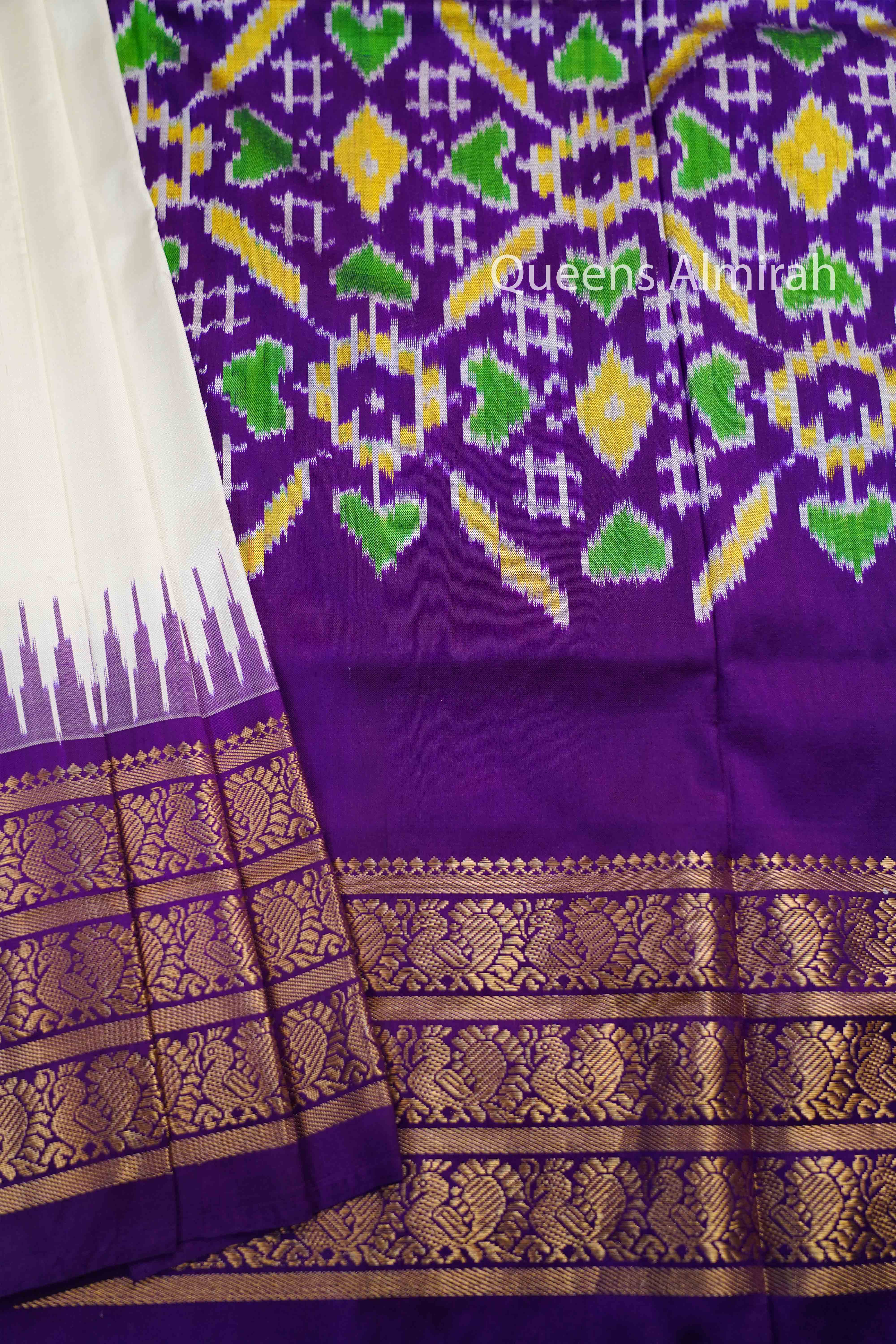 Off White With Royal Purple Pure Ikat Silk Saree - Queens Jewel Emporium