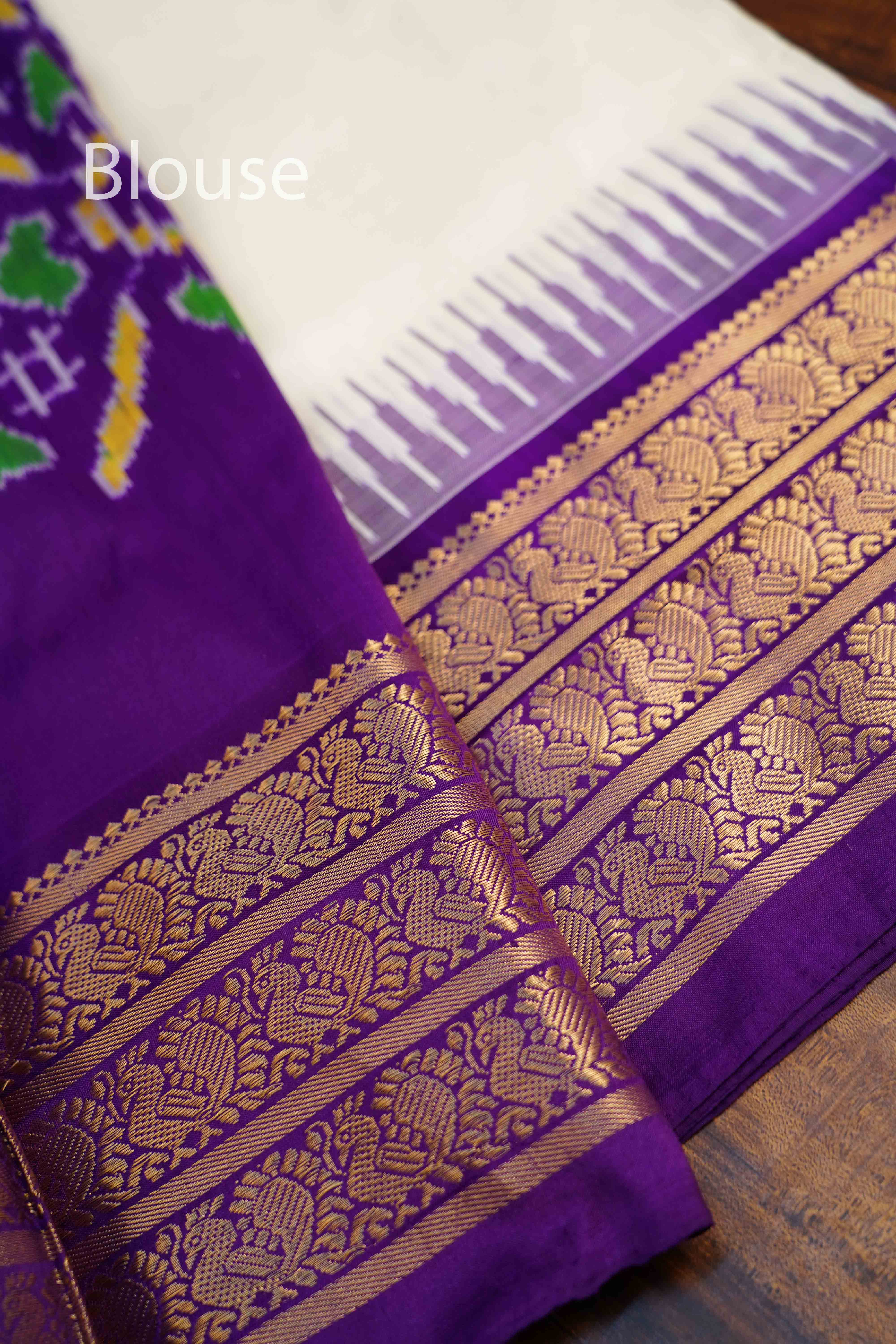 Off White With Royal Purple Pure Ikat Silk Saree - Queens Jewel Emporium