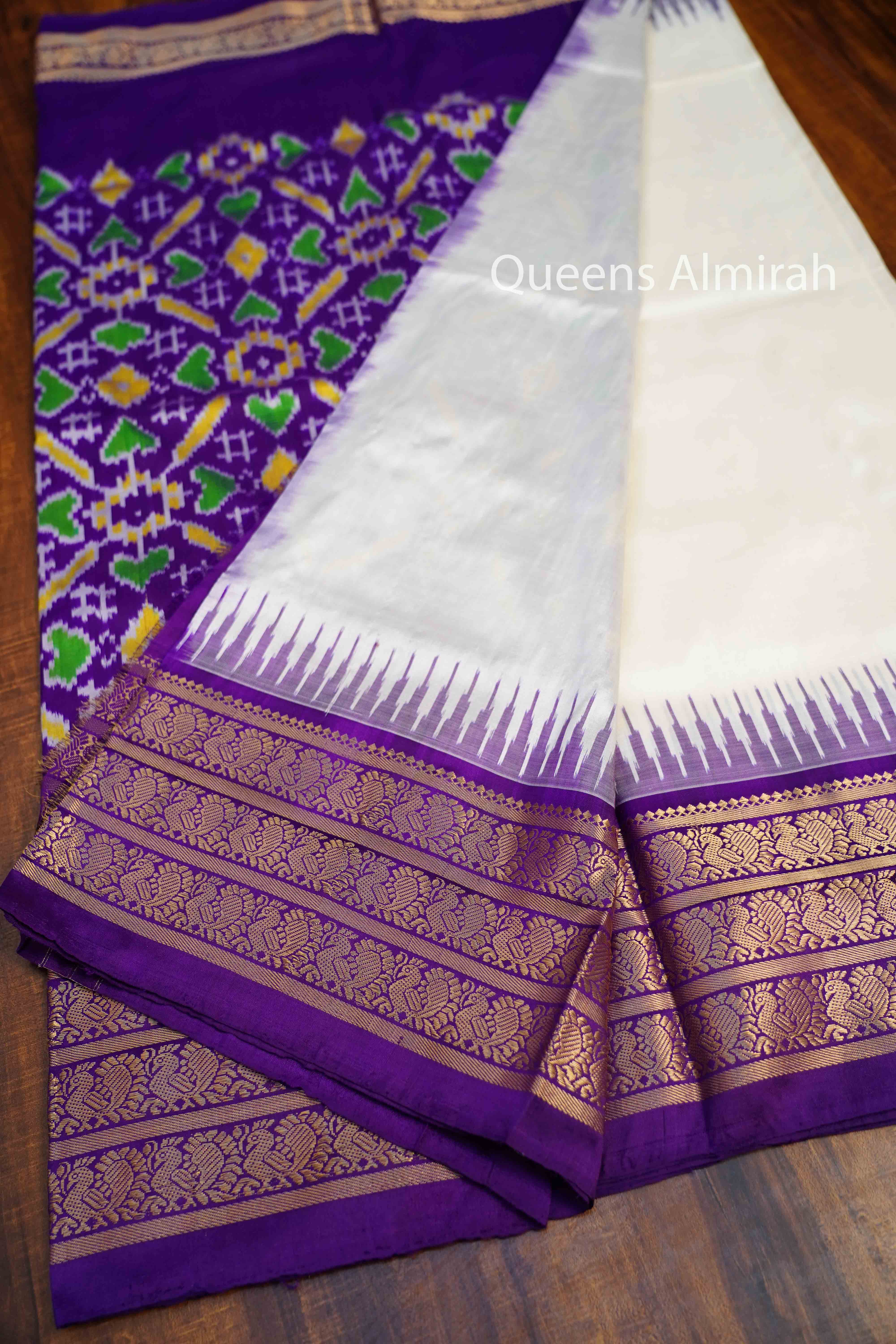 Off White With Royal Purple Pure Ikat Silk Saree - Queens Jewel Emporium