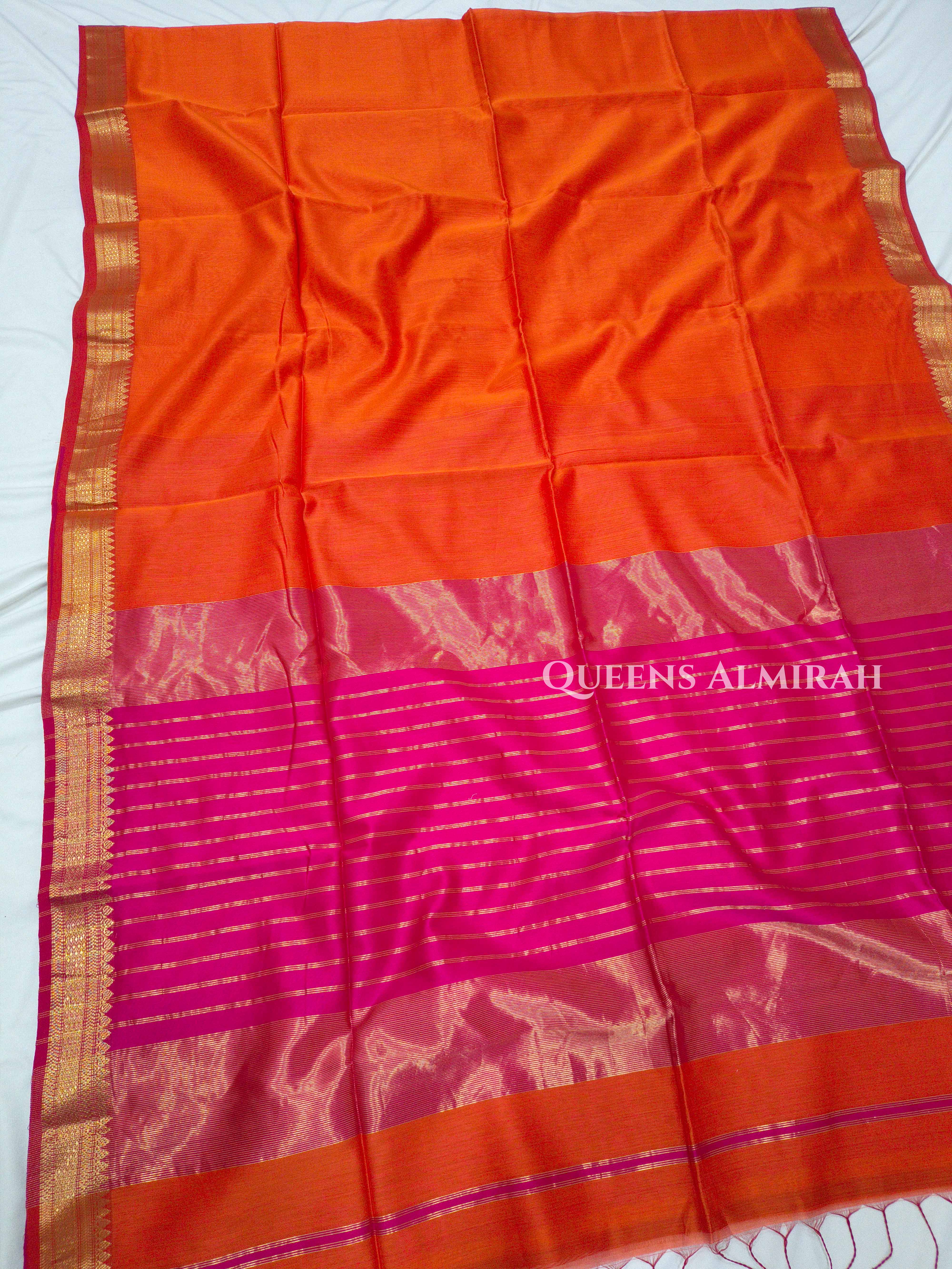 Orange Maheshwari Silk Cotton Saree QUEENS ALMIRAH