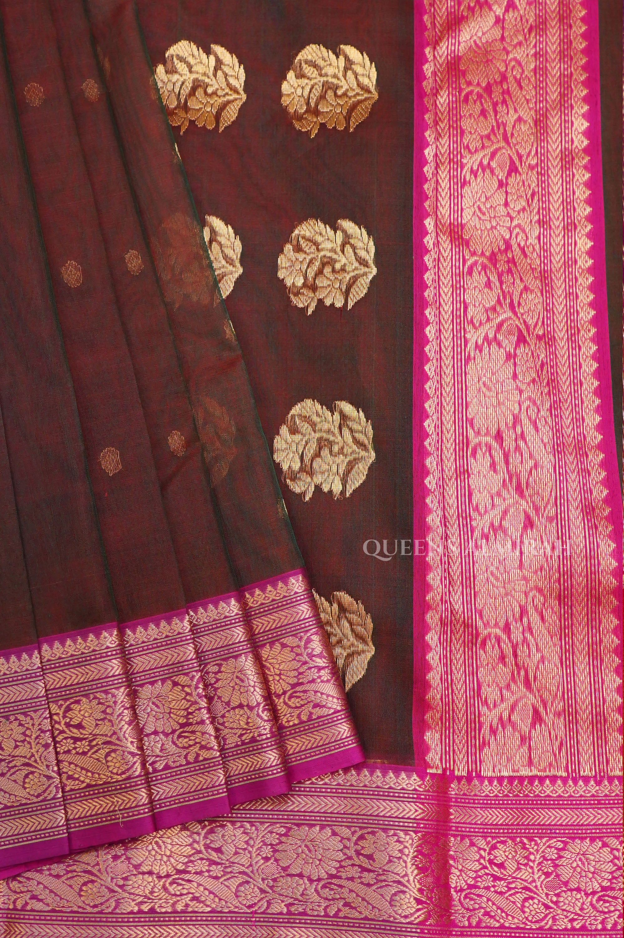 Brown With Pink Chanderi Katan Silk Handloom Saree