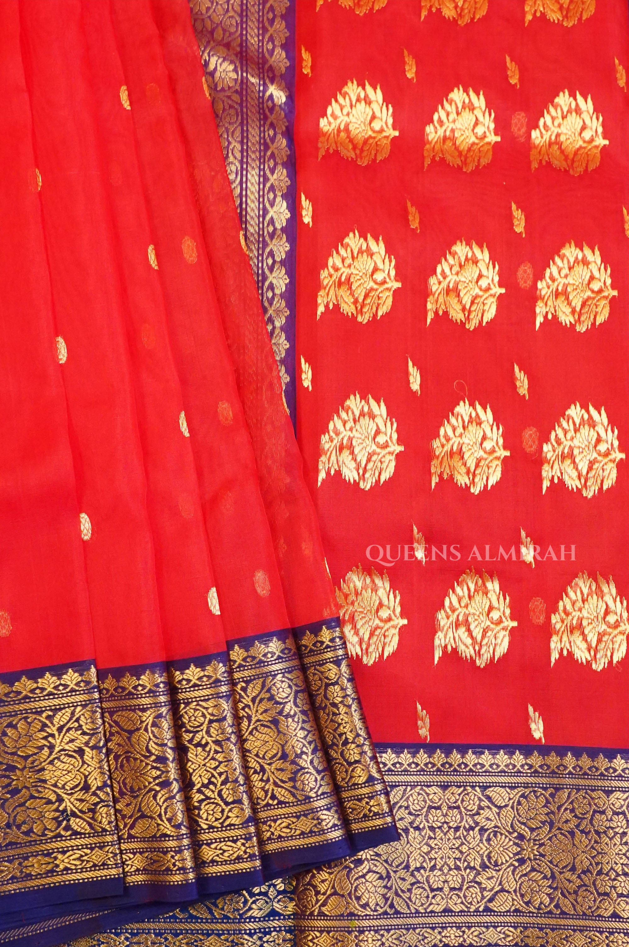 Red With Navy Blue Chanderi Katan Silk Handloom Saree