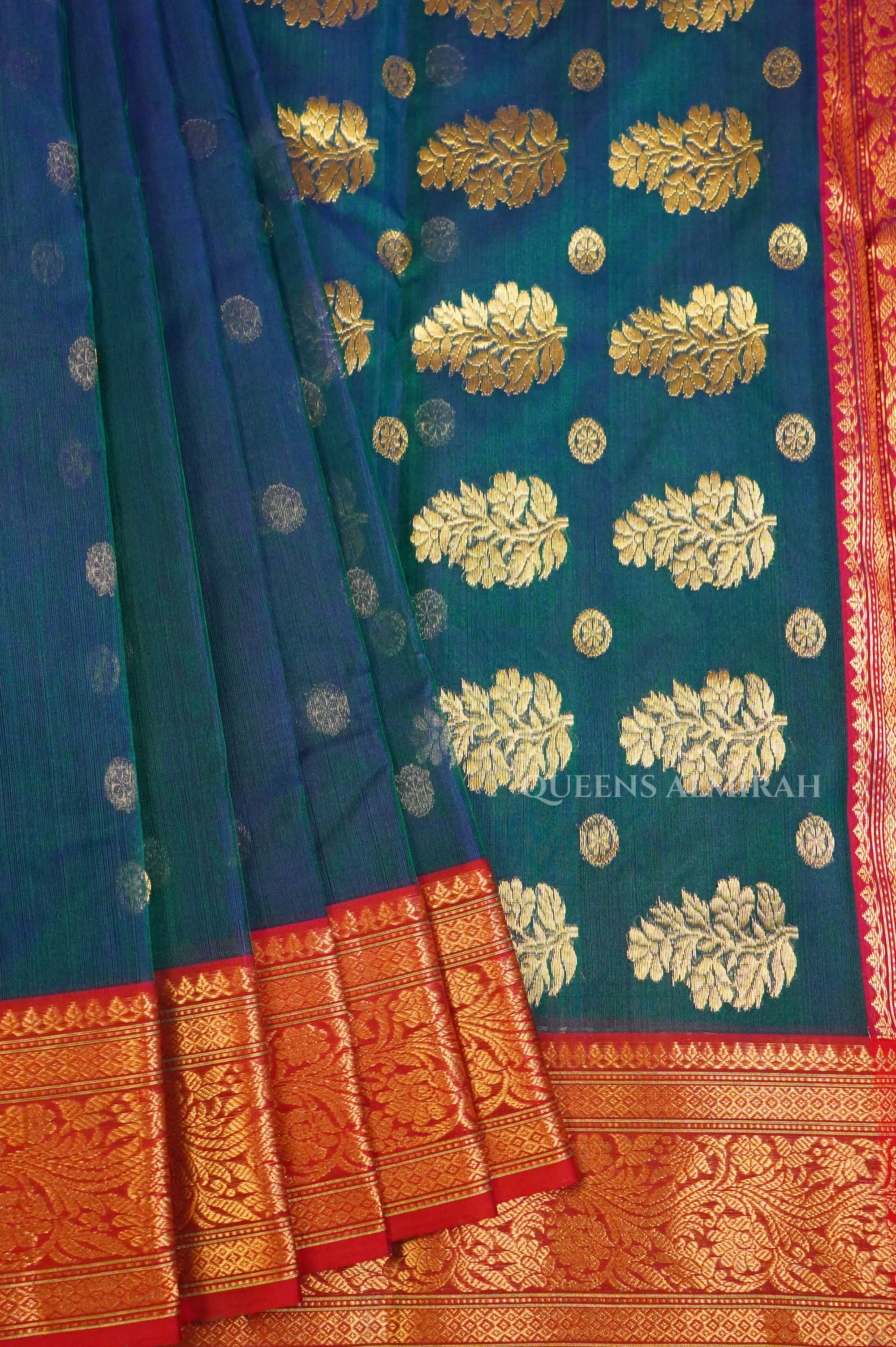 Peacock Blue With Red Chanderi Katan Silk Handloom Saree