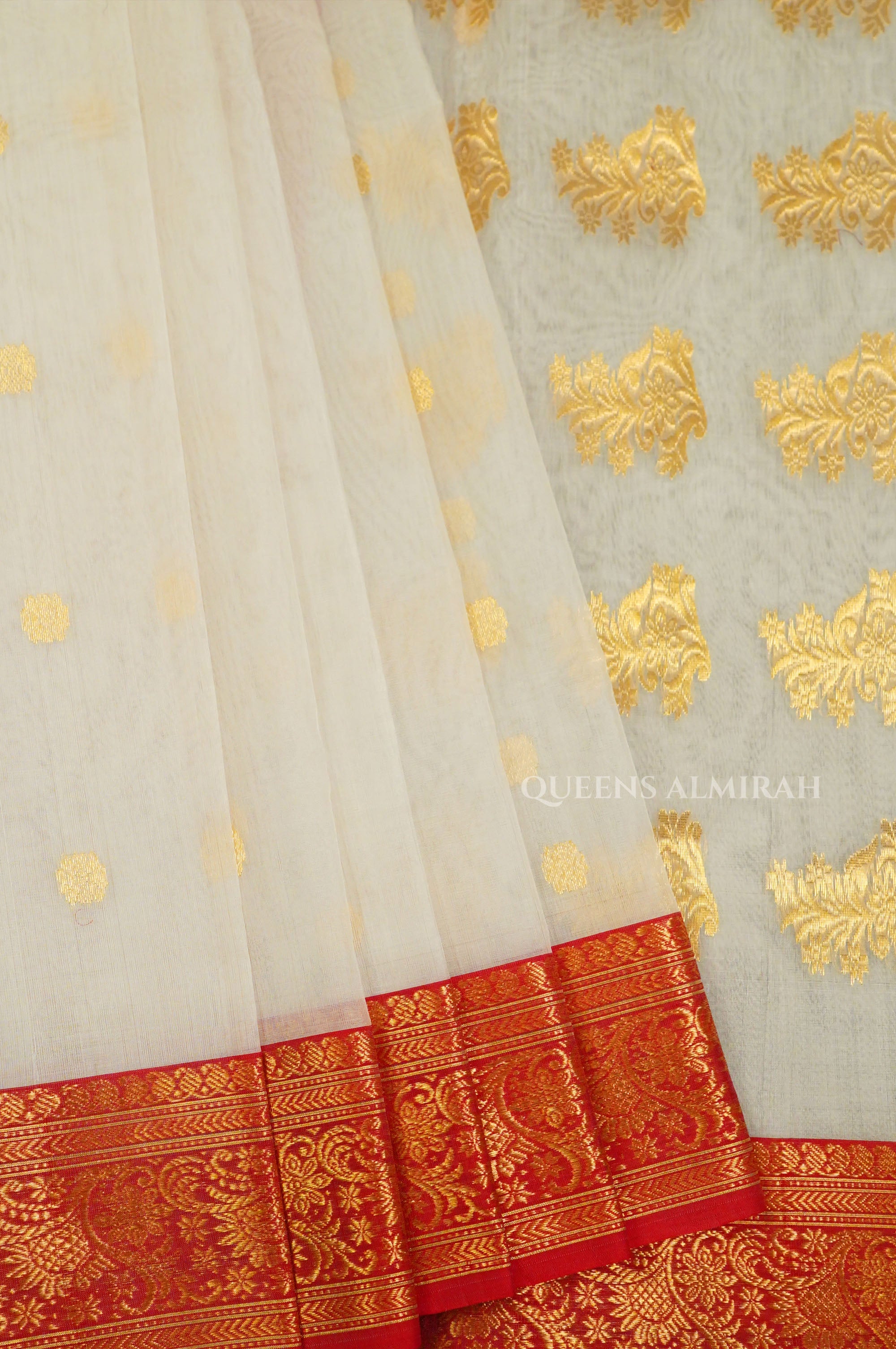 White With Red Chanderi Katan Silk Handloom Saree