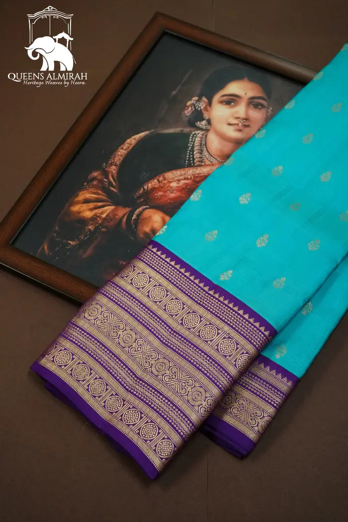 PACIFIC BLUE WITH PLUM PURPLE PURE KANCHIVARAM SILK SAREE - Queens Jewel Emporium