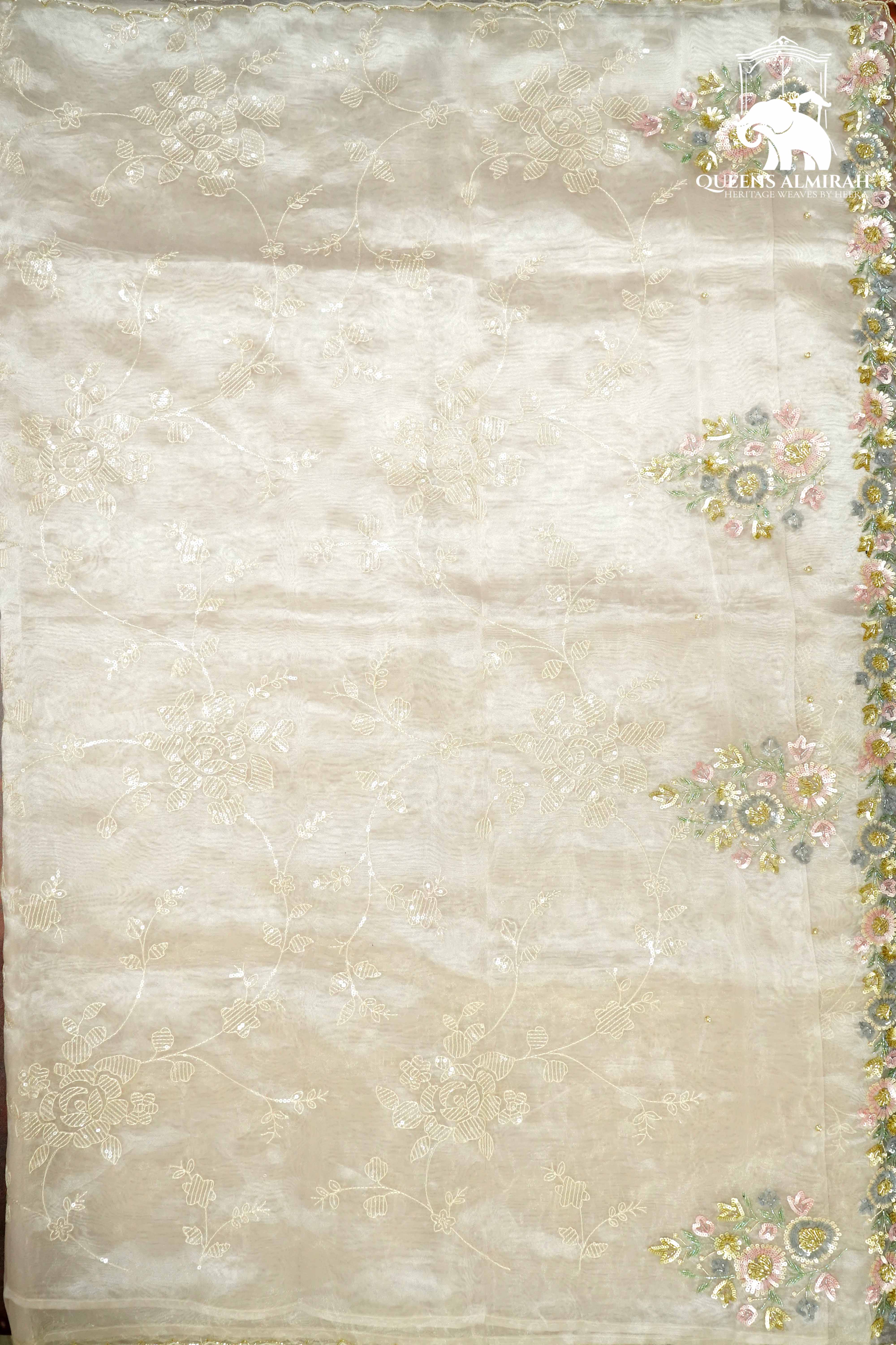 PALE GOLD WITH SCALLOP BORDER ORGANZA SAREE - Queens Jewel Emporium