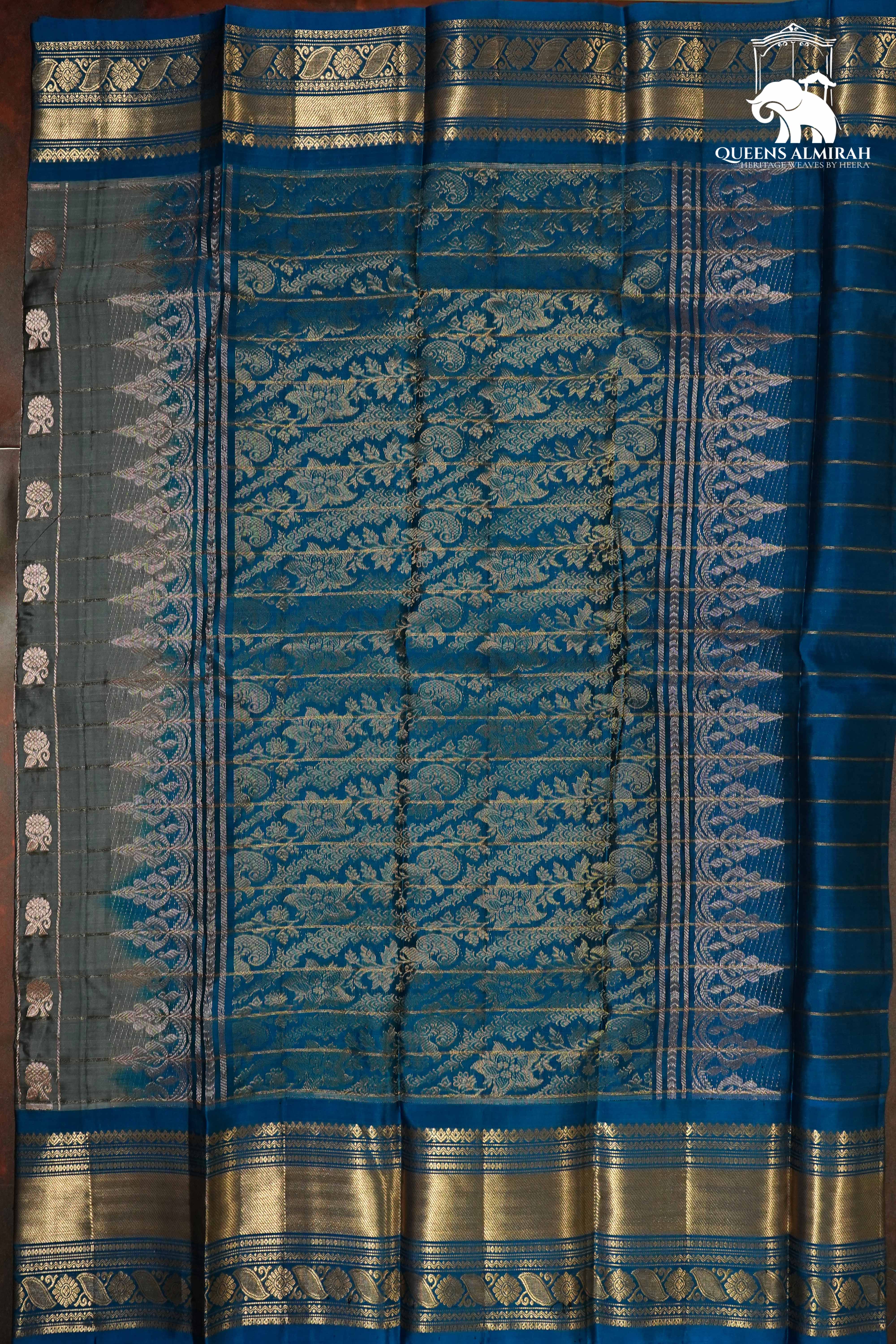 PALE SKY BLUE WITH NILE BLUE KANCHIVARAM SILK SAREE - Queens Jewel Emporium