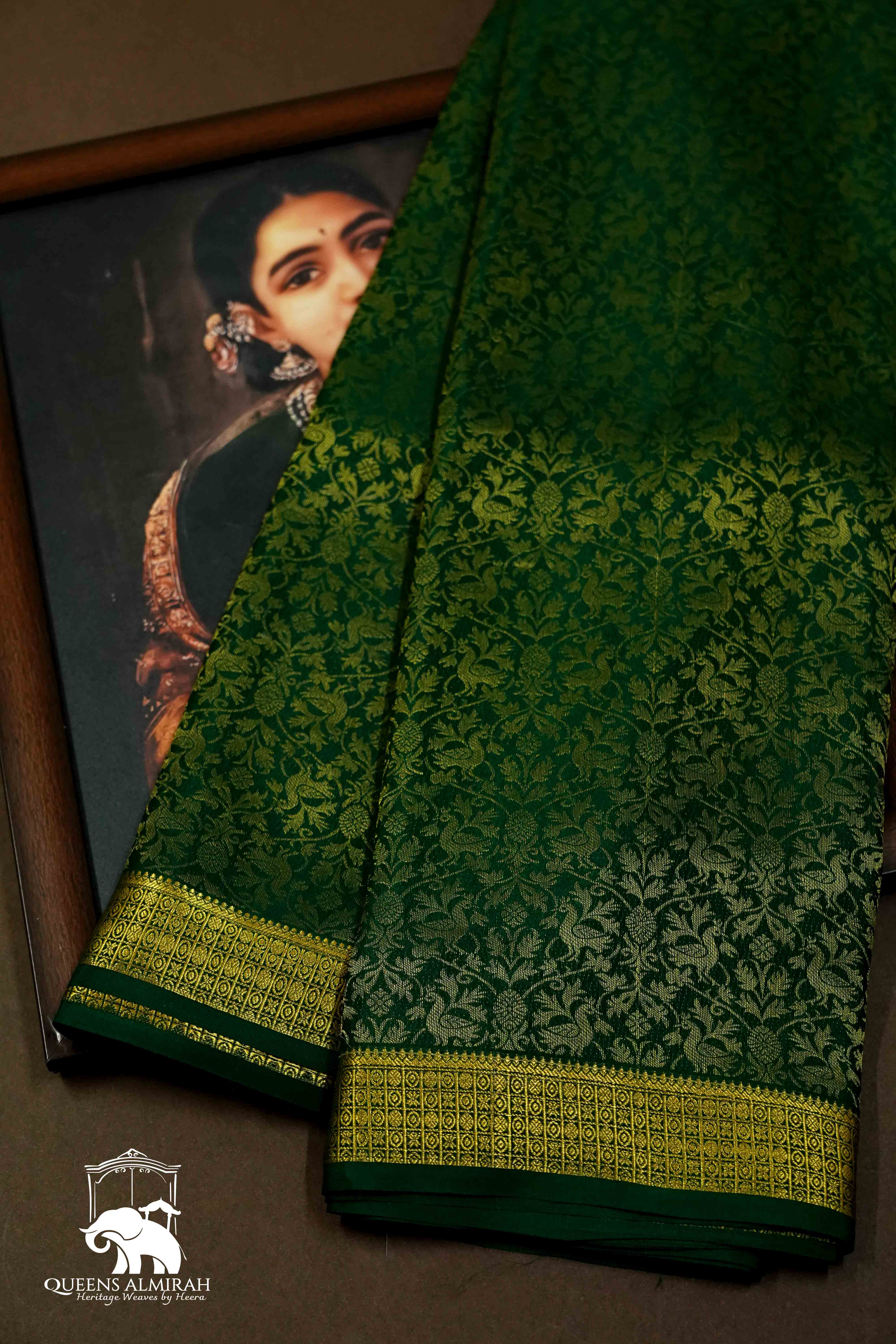 PALM GREEN MYSORE SILK SAREE - Queens Jewel Emporium