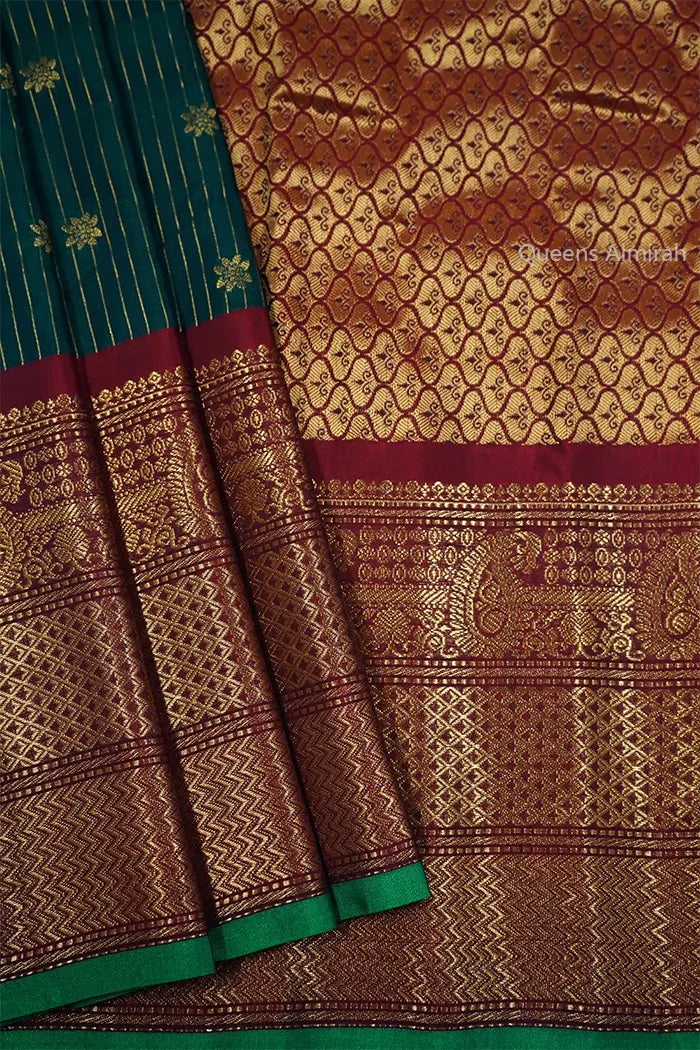 PALM GREEN WITH WINE RED MANGALGIRI GADWAL SAREE - Queens Jewel Emporium