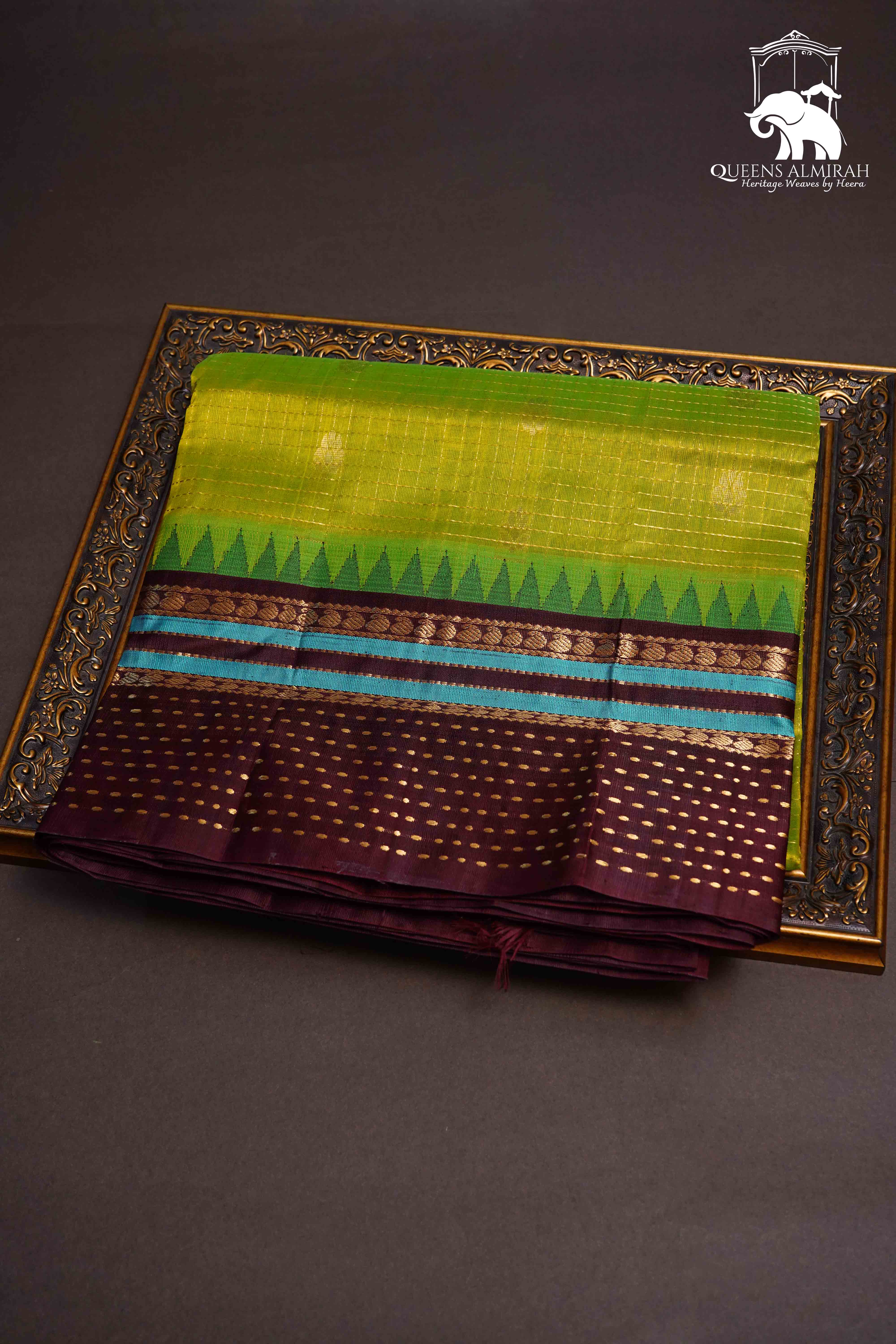 PARROT GREEN WITH COCOA BEAN PURE SILK COTTON SAREE - Queens Jewel Emporium
