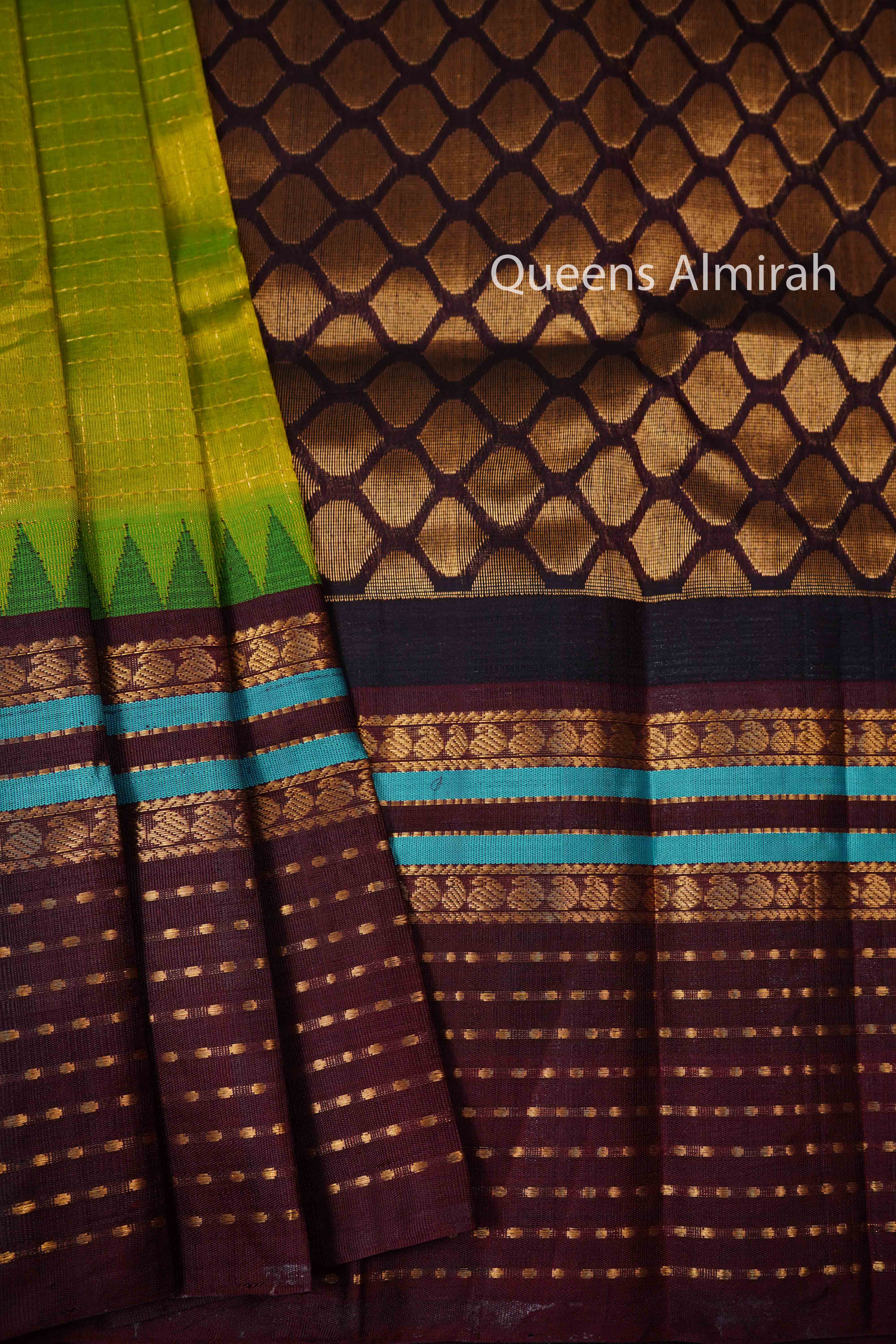 PARROT GREEN WITH COCOA BEAN PURE SILK COTTON SAREE - Queens Jewel Emporium