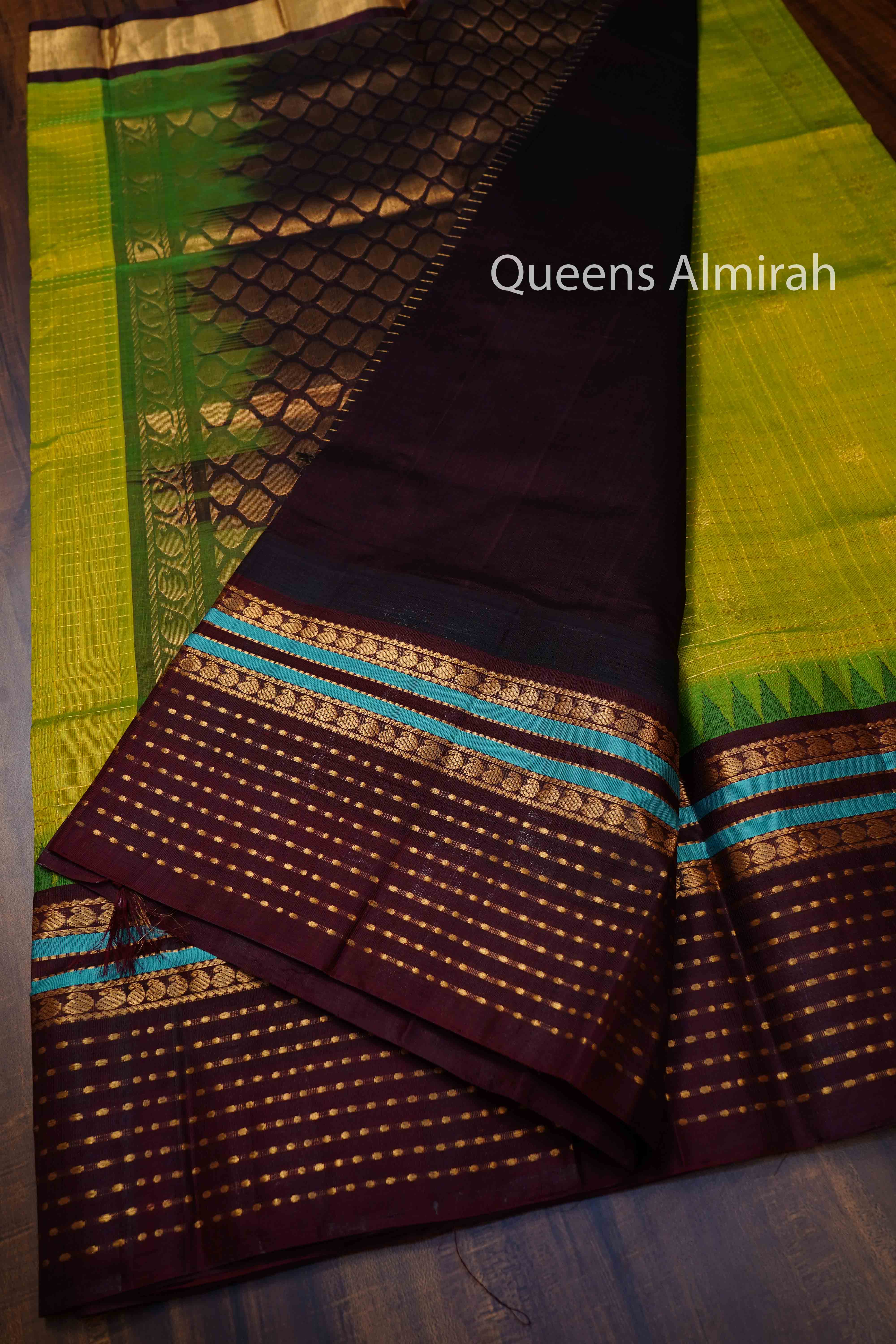 PARROT GREEN WITH COCOA BEAN PURE SILK COTTON SAREE - Queens Jewel Emporium