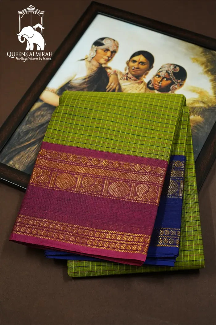 PARROT GREEN WITH GRAPH KANCHI COTTON SAREE - Queens Jewel Emporium