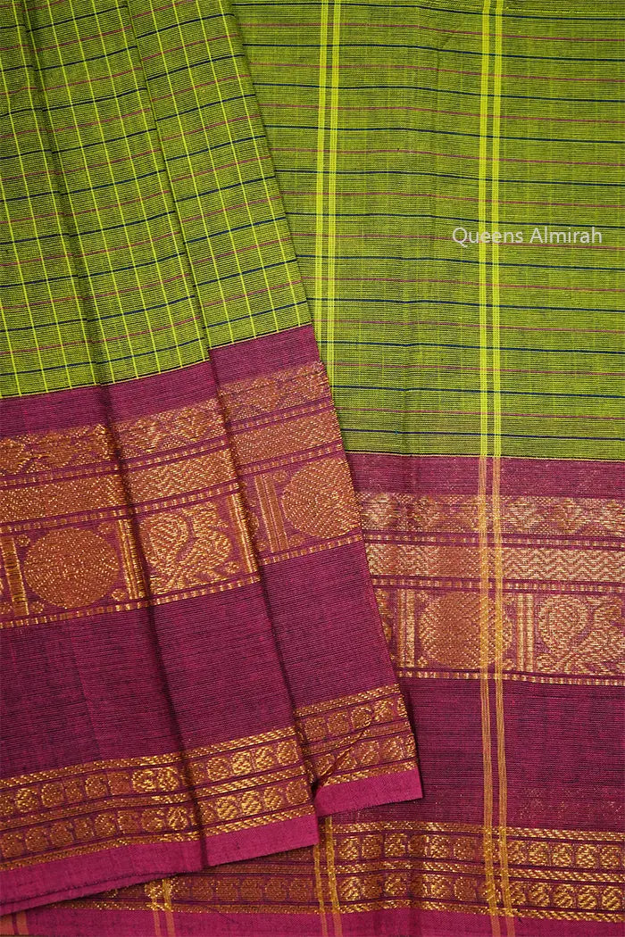 PARROT GREEN WITH GRAPH KANCHI COTTON SAREE - Queens Jewel Emporium