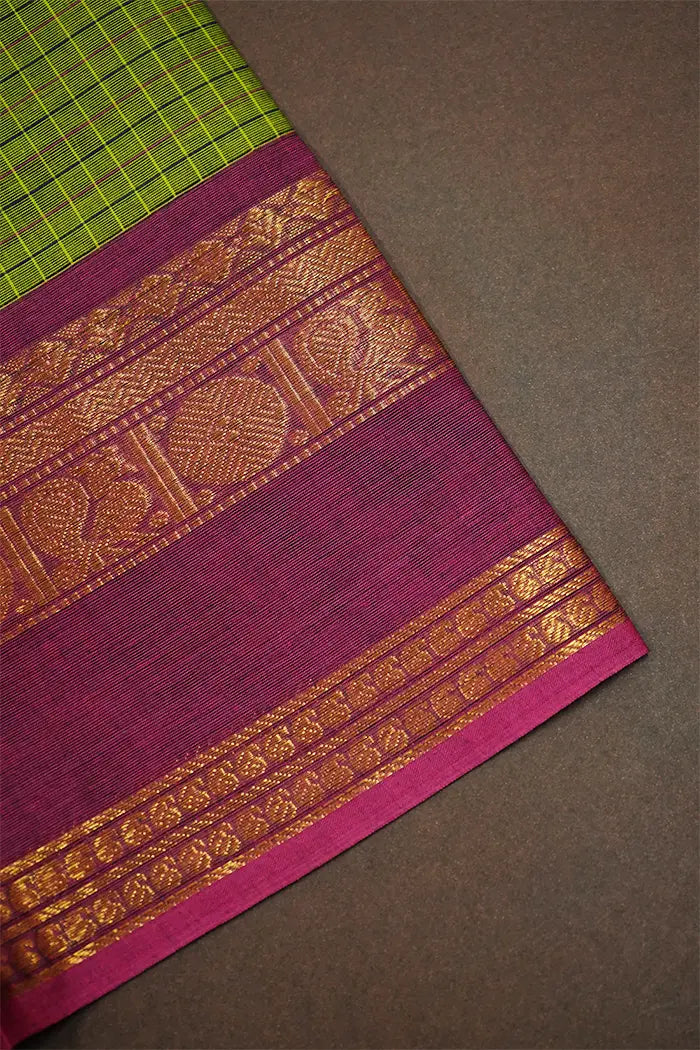 PARROT GREEN WITH GRAPH KANCHI COTTON SAREE - Queens Jewel Emporium