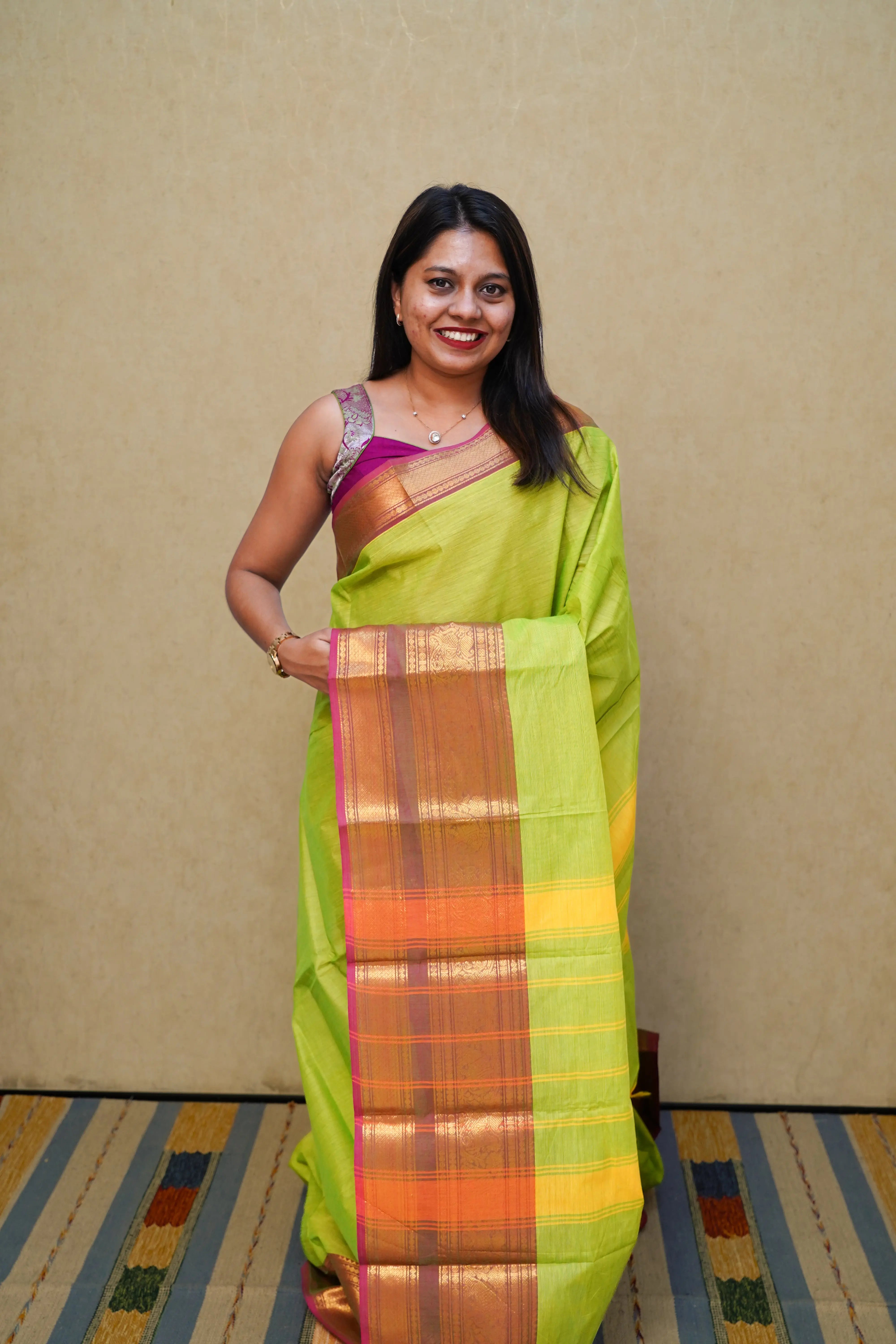 PARROT GREEN WITH RED PURPLE KANCHI COTTON SAREE - Queens Jewel Emporium