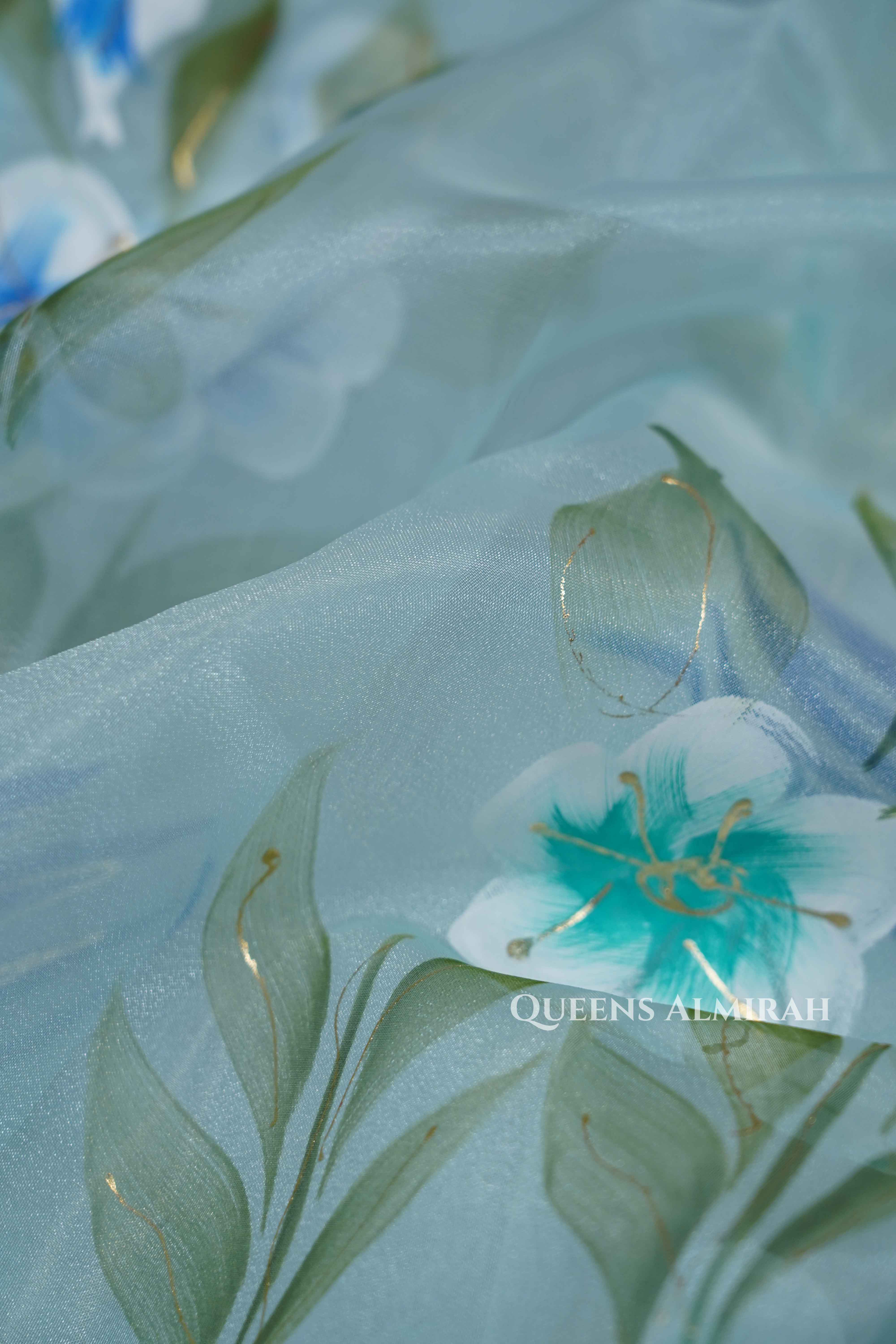 PASTEL AQUA BLUE HAND PAINTED ORGANZA SAREE - Queens Jewel Emporium