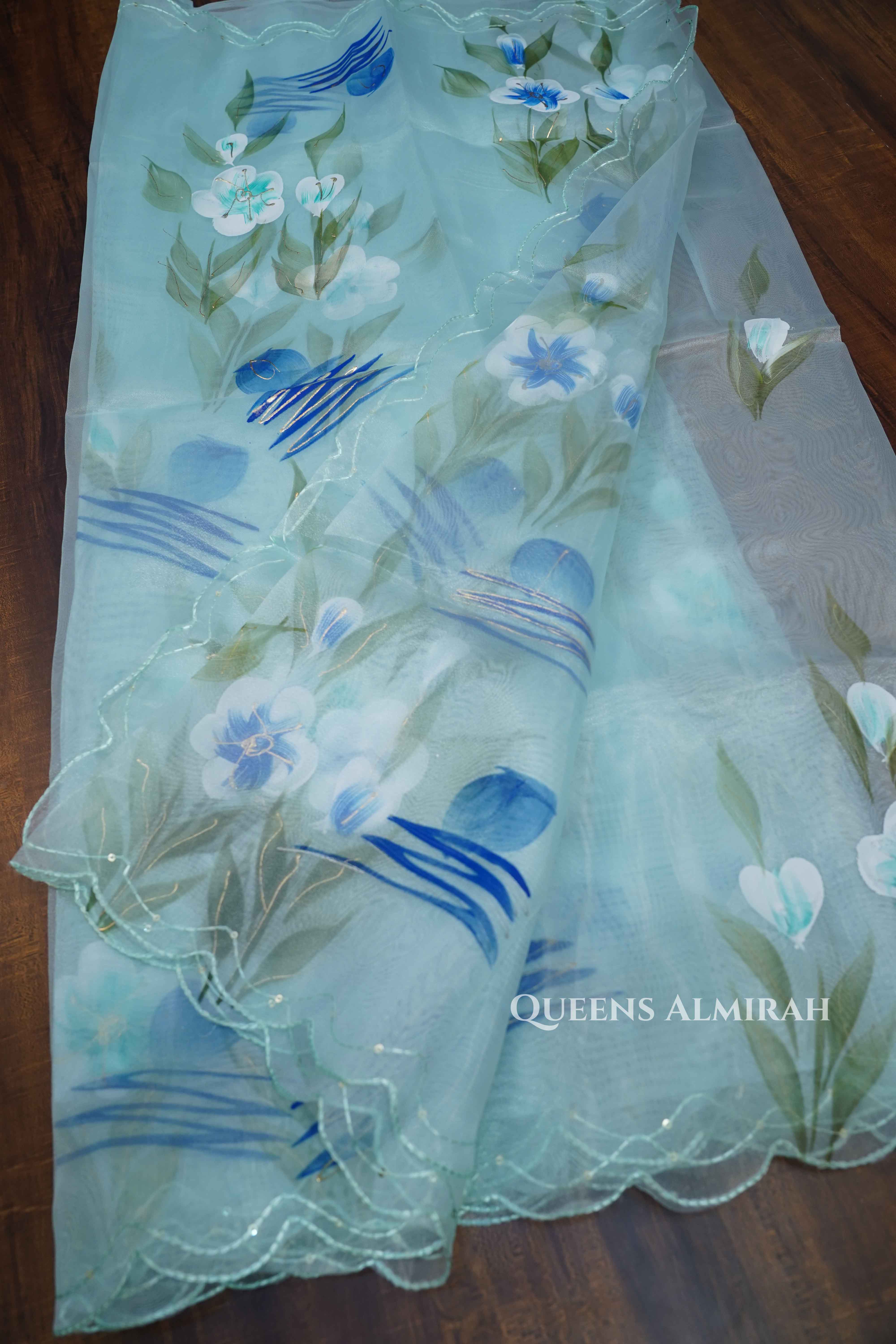 PASTEL AQUA BLUE HAND PAINTED ORGANZA SAREE - Queens Jewel Emporium