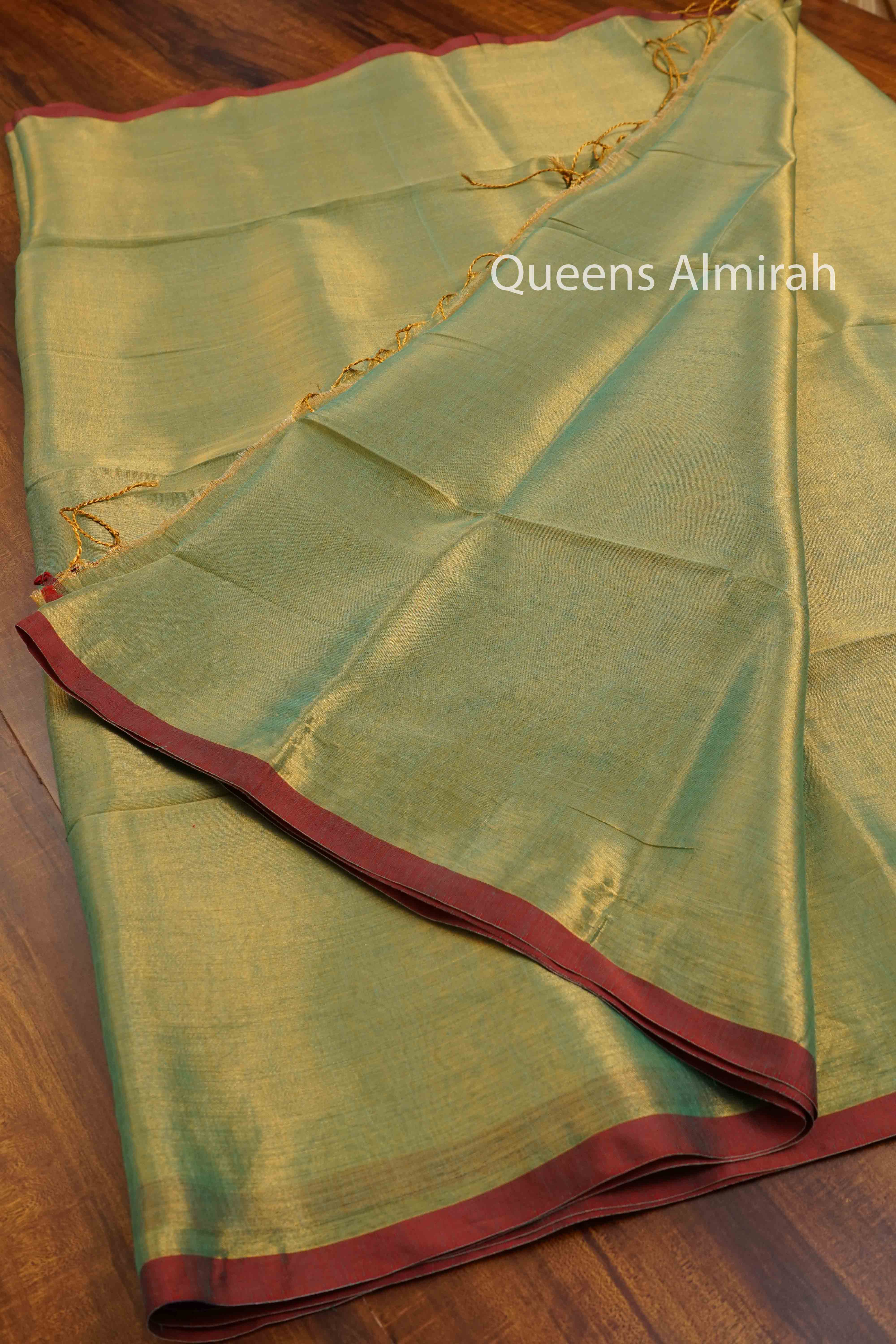 PASTEL GREEN LINEN TISSUE SAREE - Queens Jewel Emporium