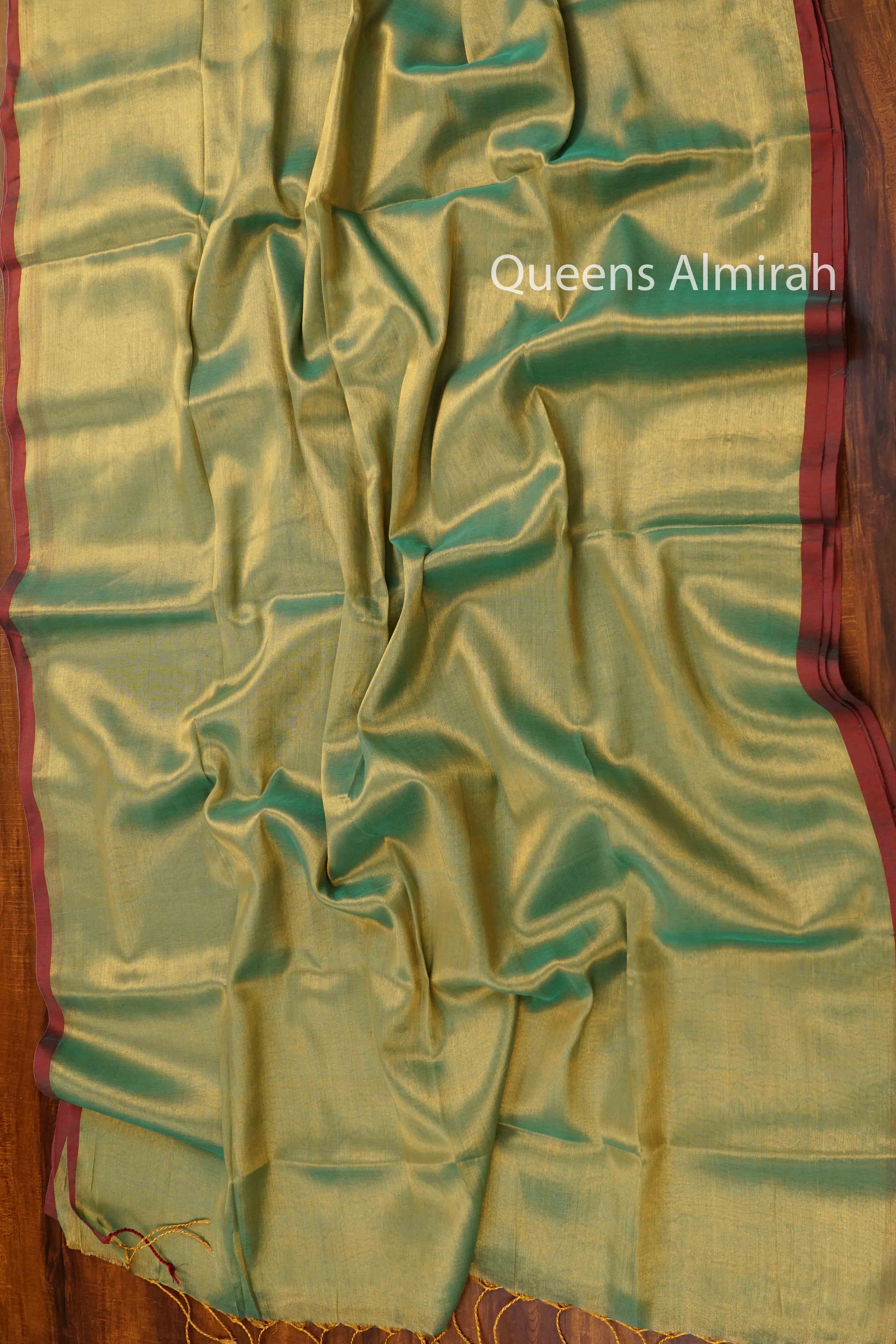 PASTEL GREEN LINEN TISSUE SAREE - Queens Jewel Emporium