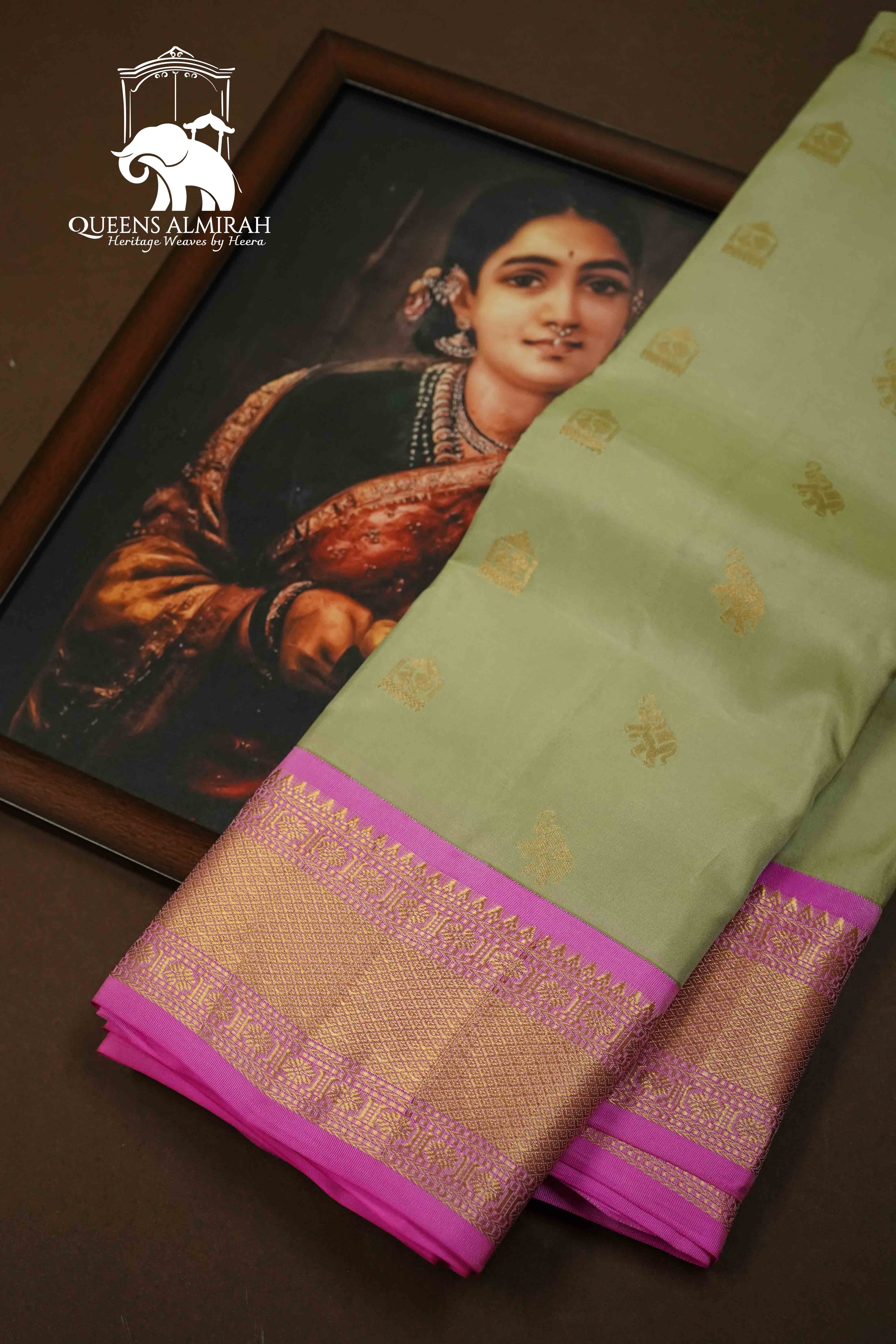 PASTEL GREEN WITH PALE MAGENTA PURE KANCHIVARAM SILK SAREE - Queens Jewel Emporium