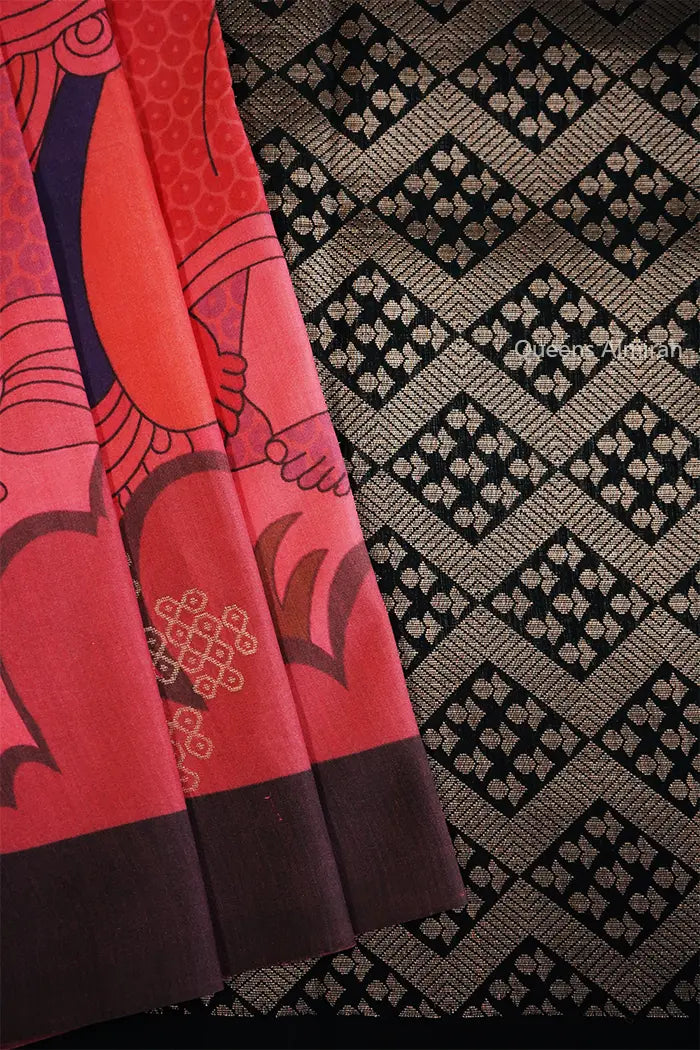 PASTEL RED WOODY BROWN KANCHIVARAM SILK SAREE - Queens Jewel Emporium