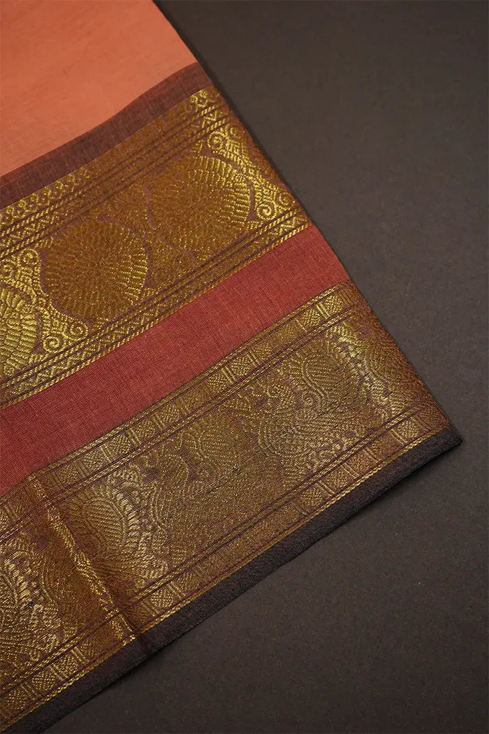 PEACH PINK WITH REDDISH GREY GOLDEN BORDER KANCHI COTTON SAREE - Queens Jewel Emporium