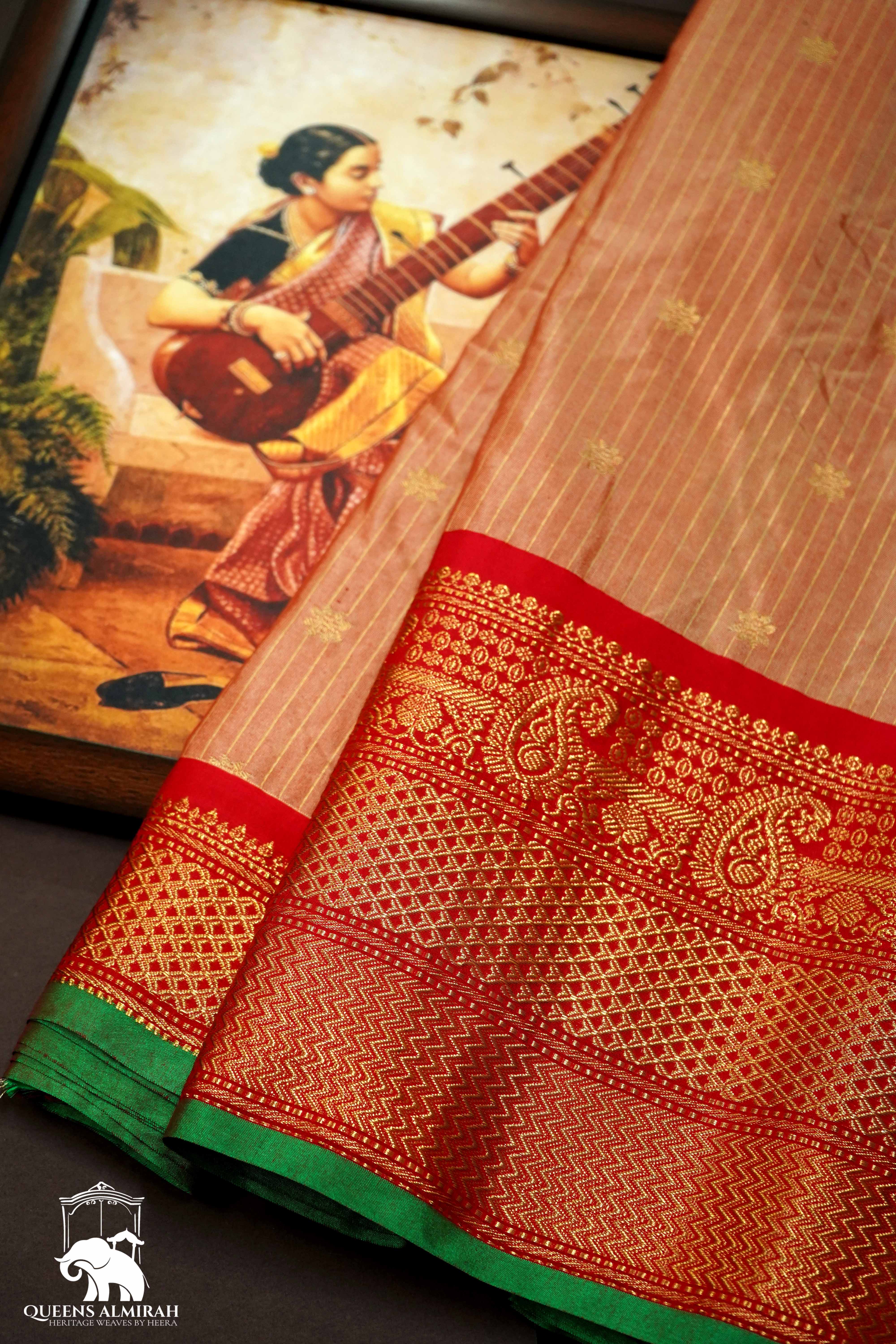 PEACH WITH CHERRY RED MANGALGIRI GADWAL SAREE - Queens Jewel Emporium