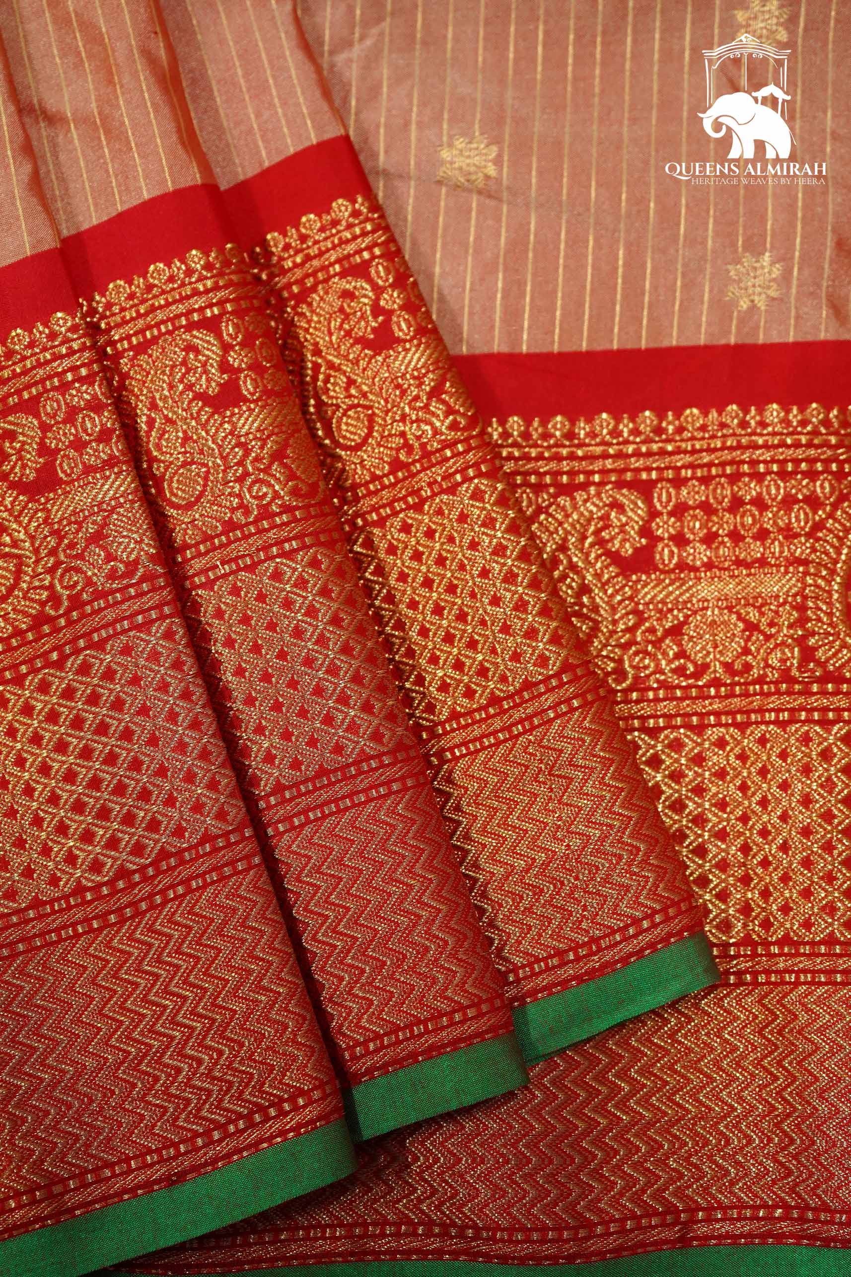 PEACH WITH CHERRY RED MANGALGIRI GADWAL SAREE - Queens Jewel Emporium
