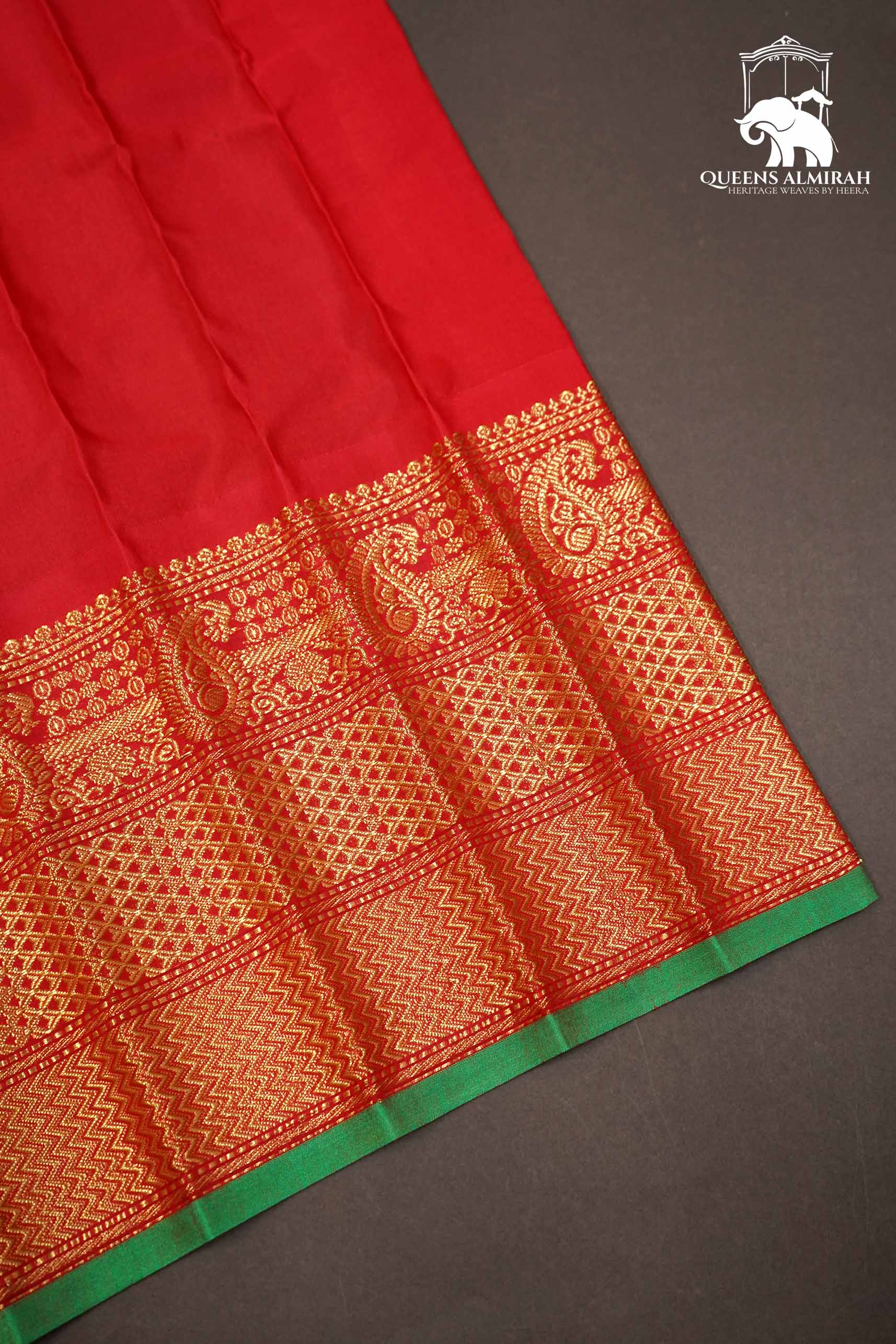 PEACH WITH CHERRY RED MANGALGIRI GADWAL SAREE - Queens Jewel Emporium