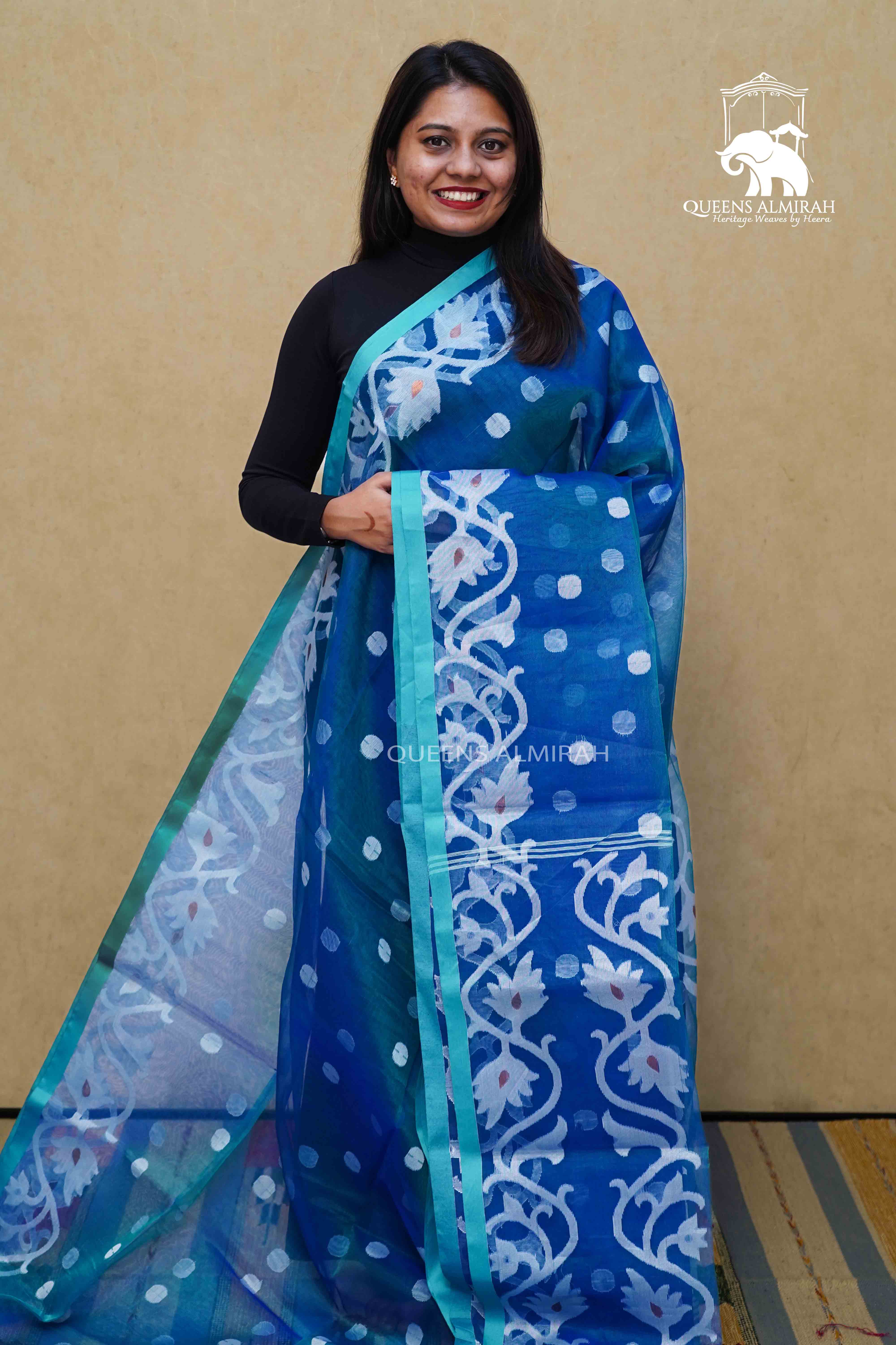PEACOCK BLUE MUSLIN JAMDANI SAREE - Queens Jewel Emporium
