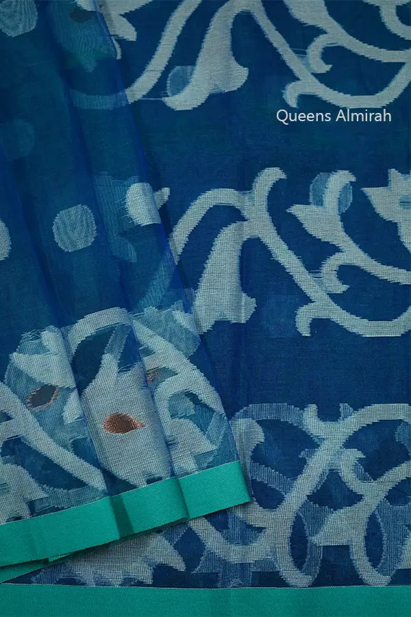 PEACOCK BLUE MUSLIN JAMDANI SAREE - Queens Jewel Emporium