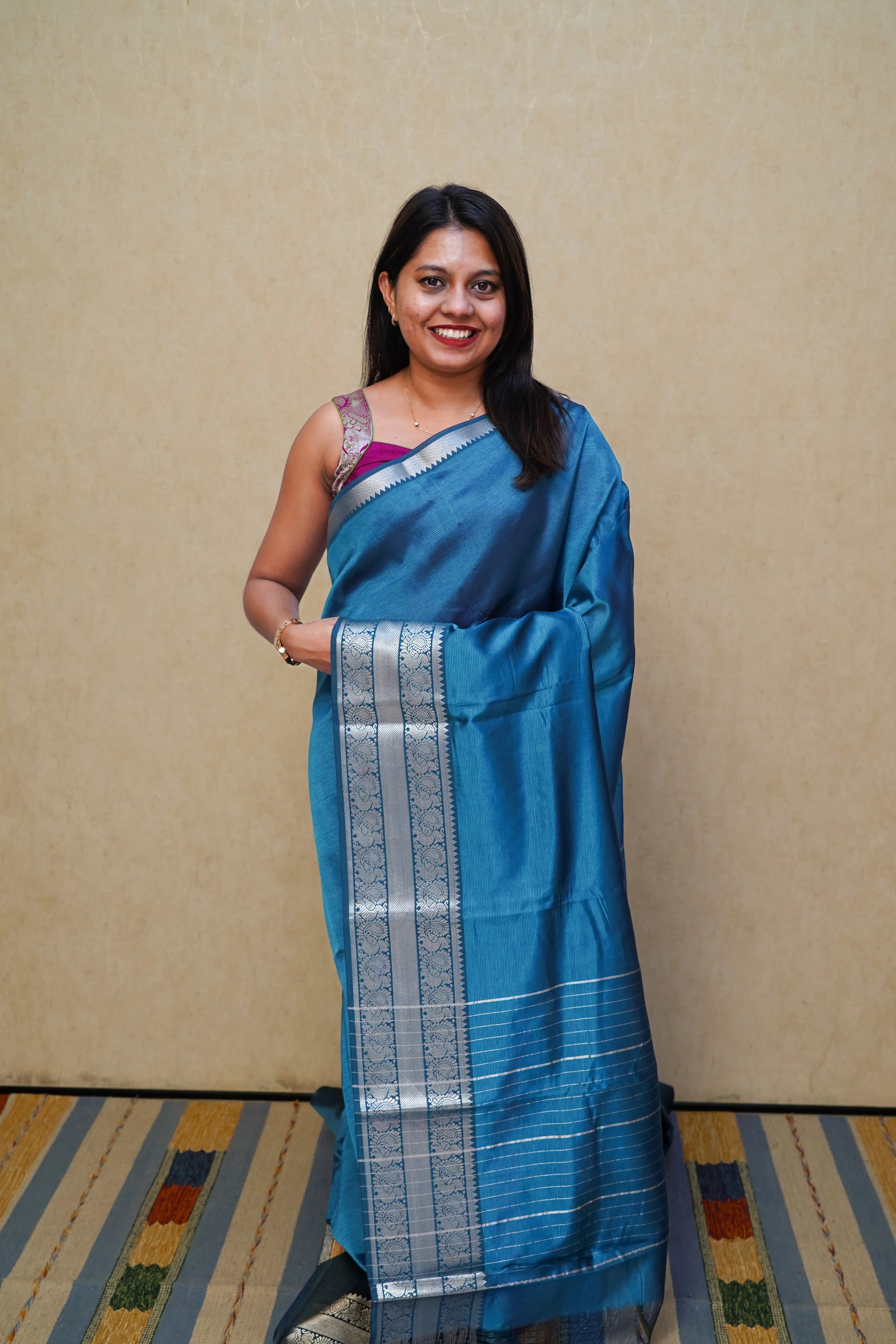 PEACOCK BLUE WITH WOVEN BORDER MANGALGIRI SAREE - Queens Jewel Emporium