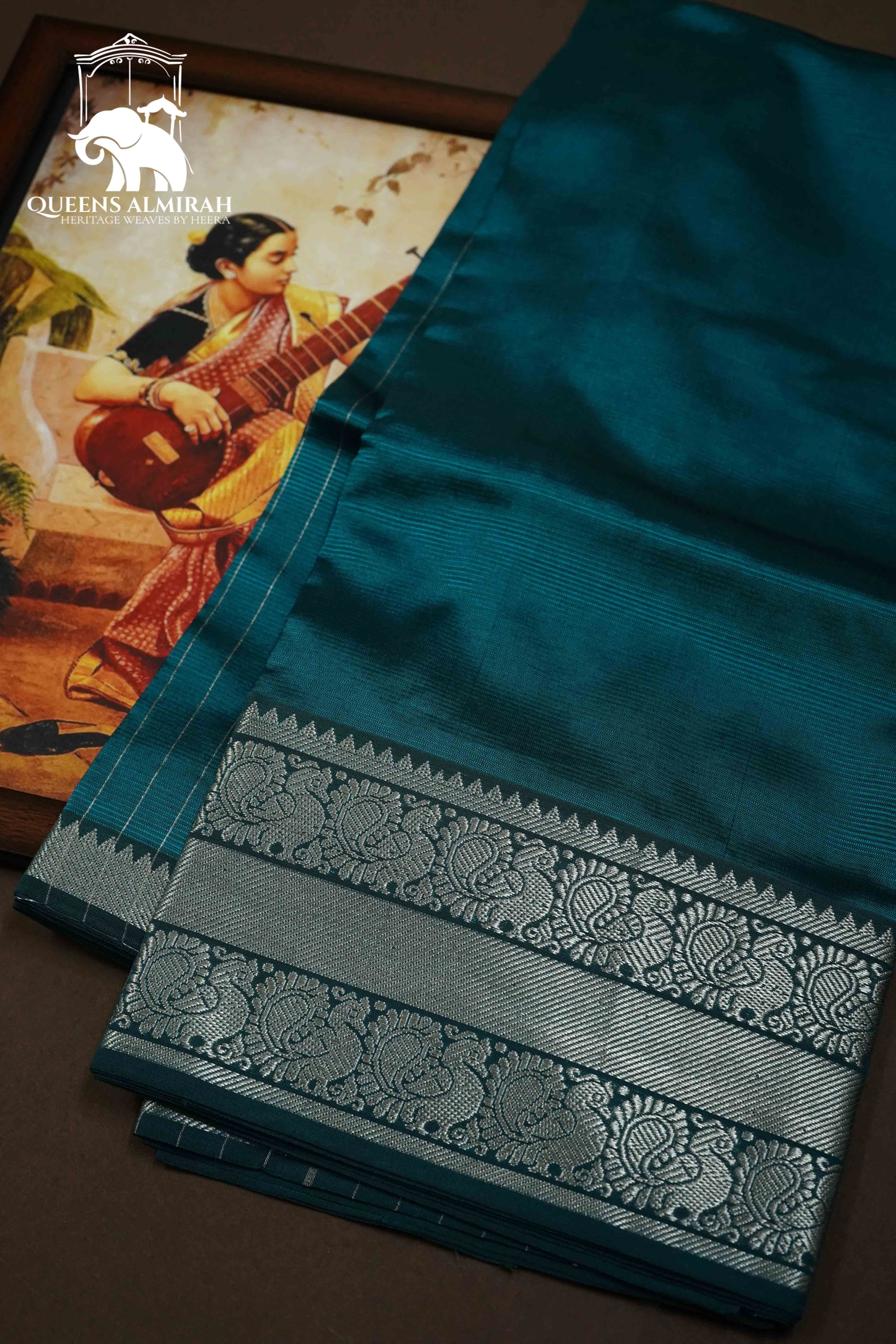 PEACOCK BLUE WITH WOVEN BORDER MANGALGIRI SAREE - Queens Jewel Emporium