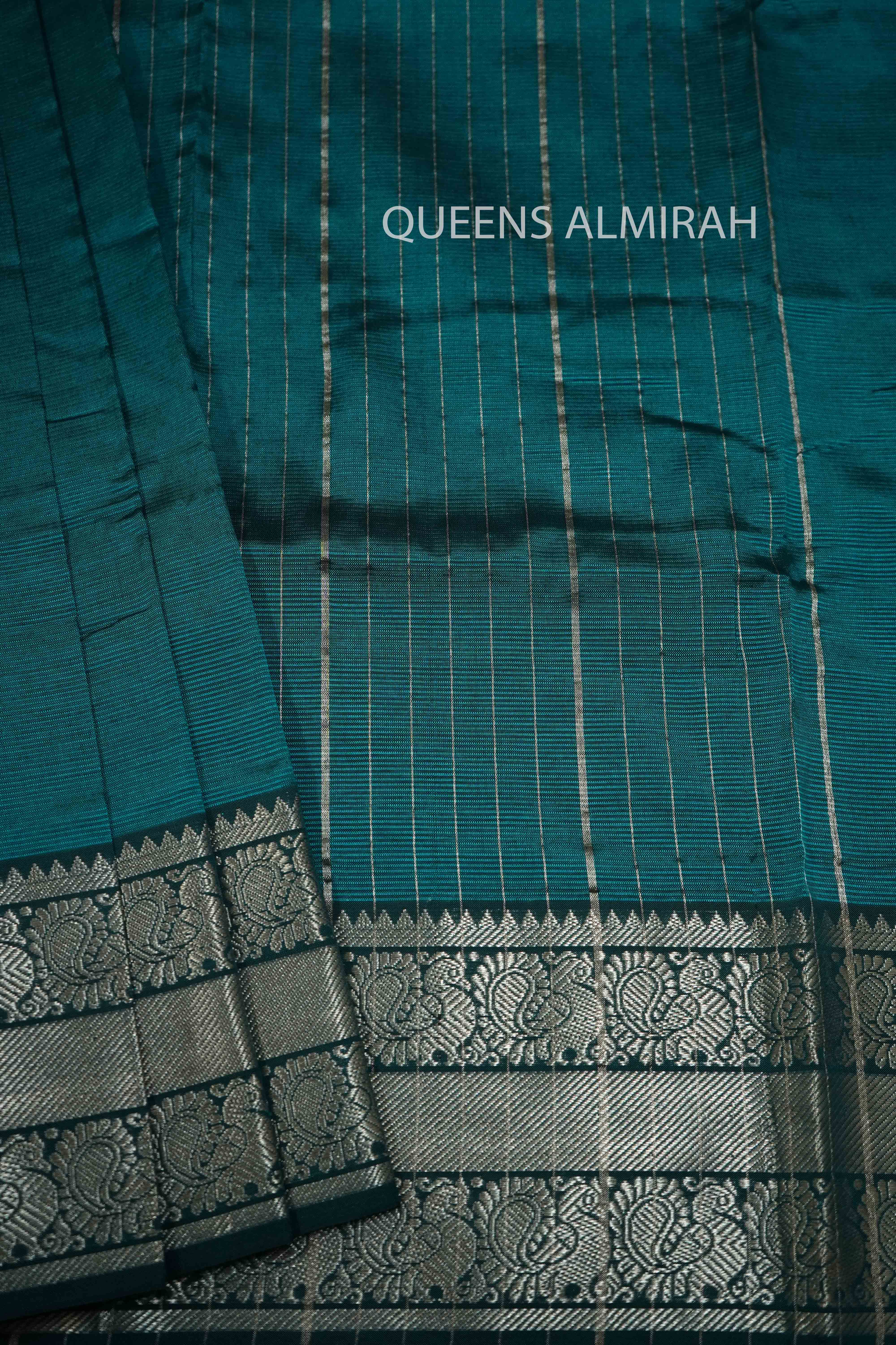 PEACOCK BLUE WITH WOVEN BORDER MANGALGIRI SAREE - Queens Jewel Emporium