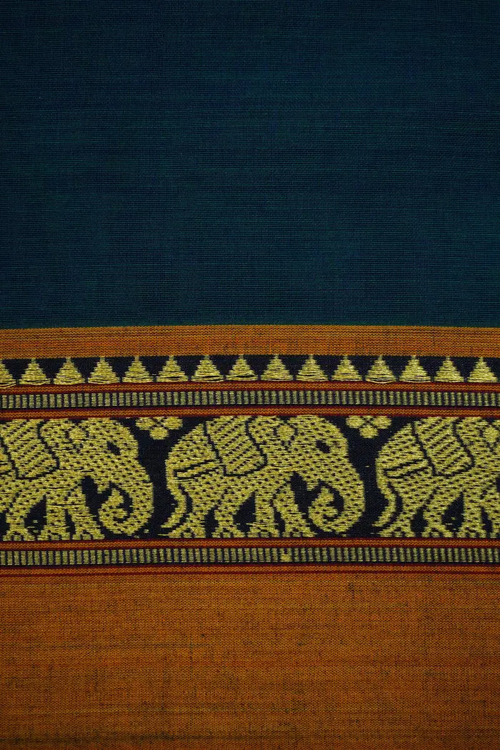 PEACOCK WITH BURNT ORANGE BORDER NARAYANPET COTTON SAREE - Queens Jewel Emporium