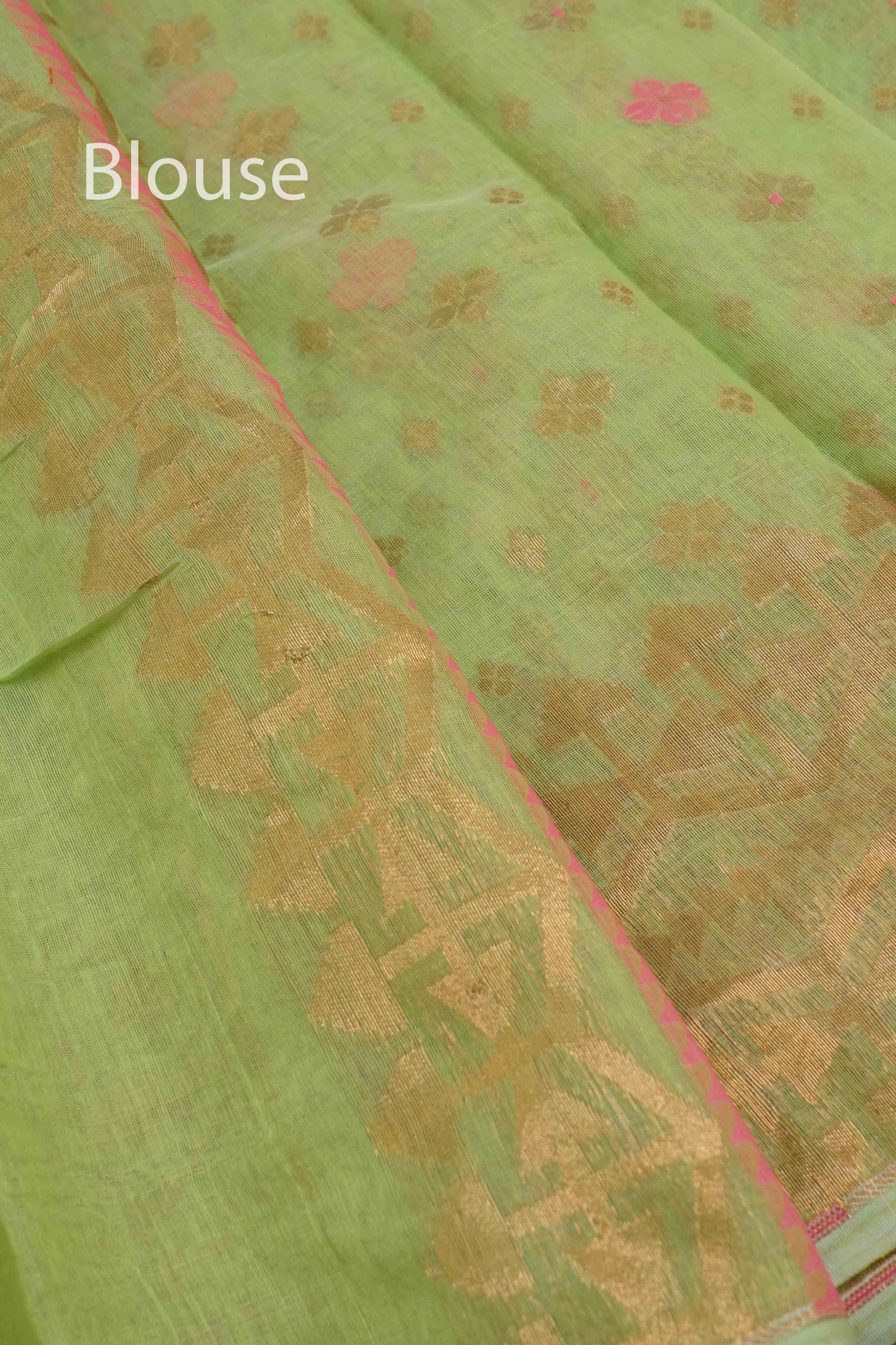 PEAR GREEN JAMDANI COTTON SAREE - Queens Jewel Emporium