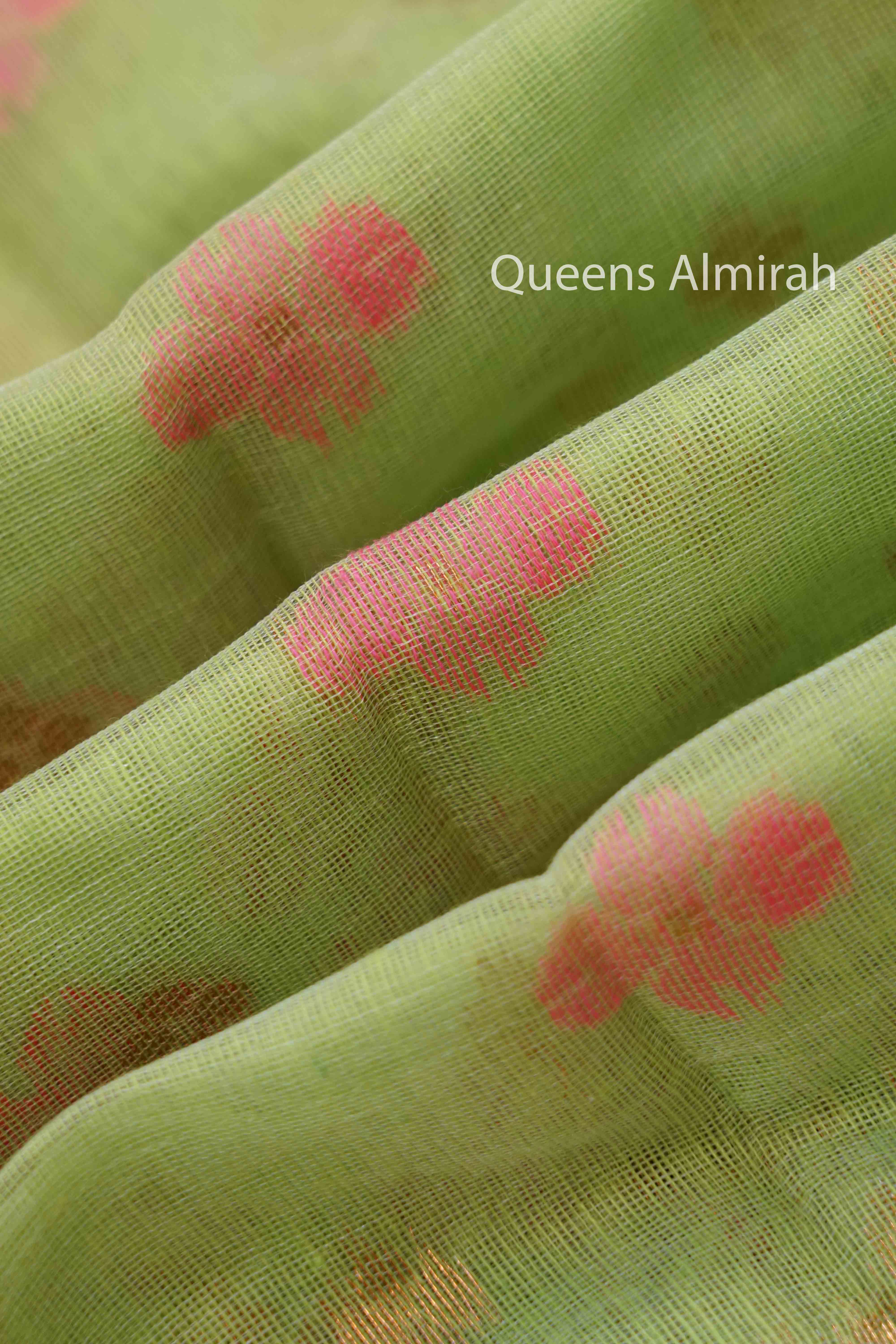 PEAR GREEN JAMDANI COTTON SAREE - Queens Jewel Emporium