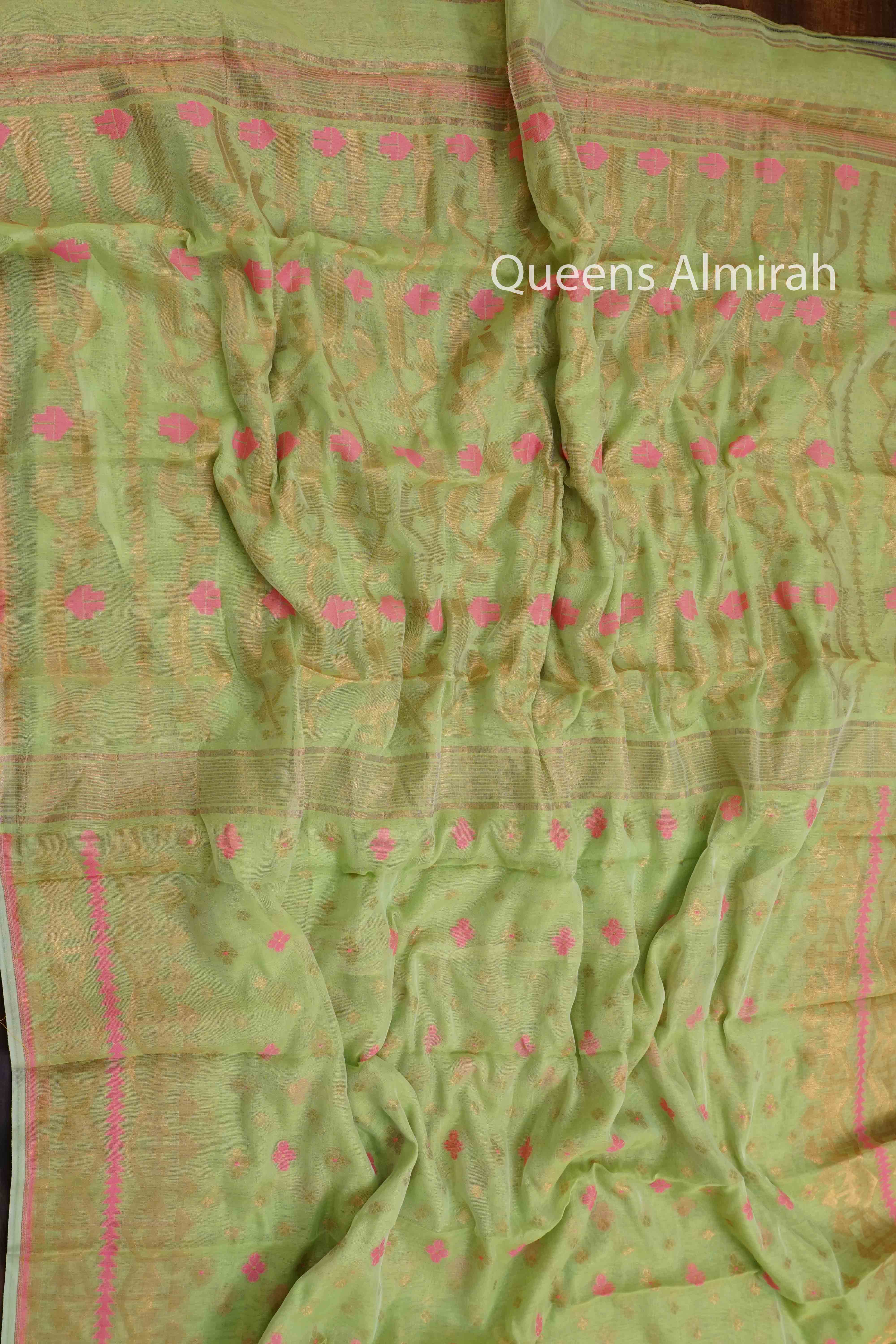 PEAR GREEN JAMDANI COTTON SAREE - Queens Jewel Emporium