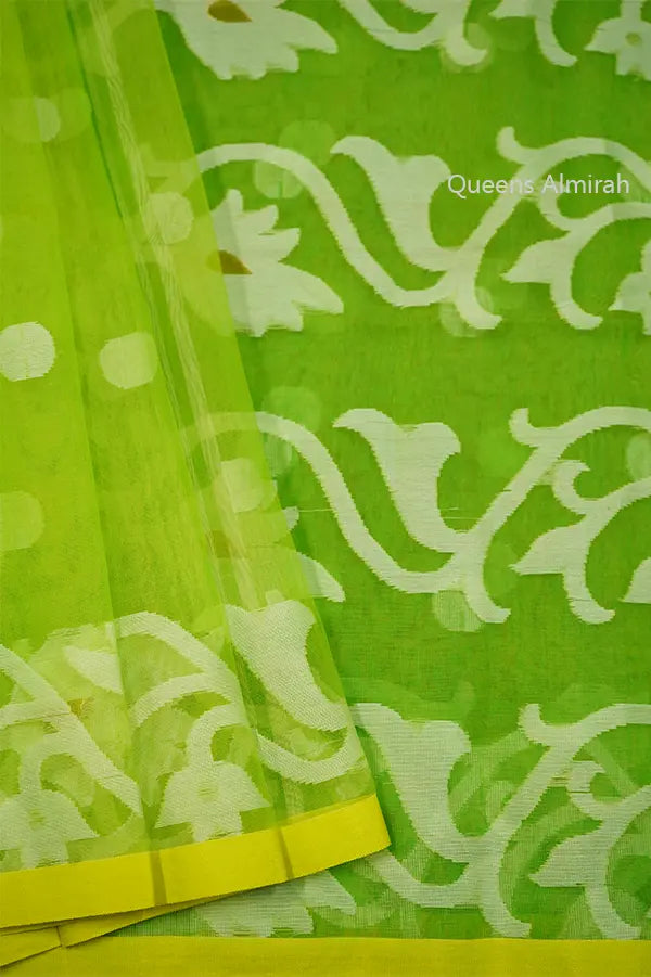 PEAR GREEN MUSLIN JAMDANI SAREE - Queens Jewel Emporium
