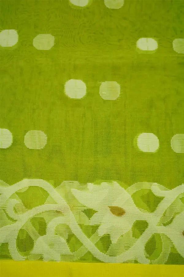 PEAR GREEN MUSLIN JAMDANI SAREE - Queens Jewel Emporium