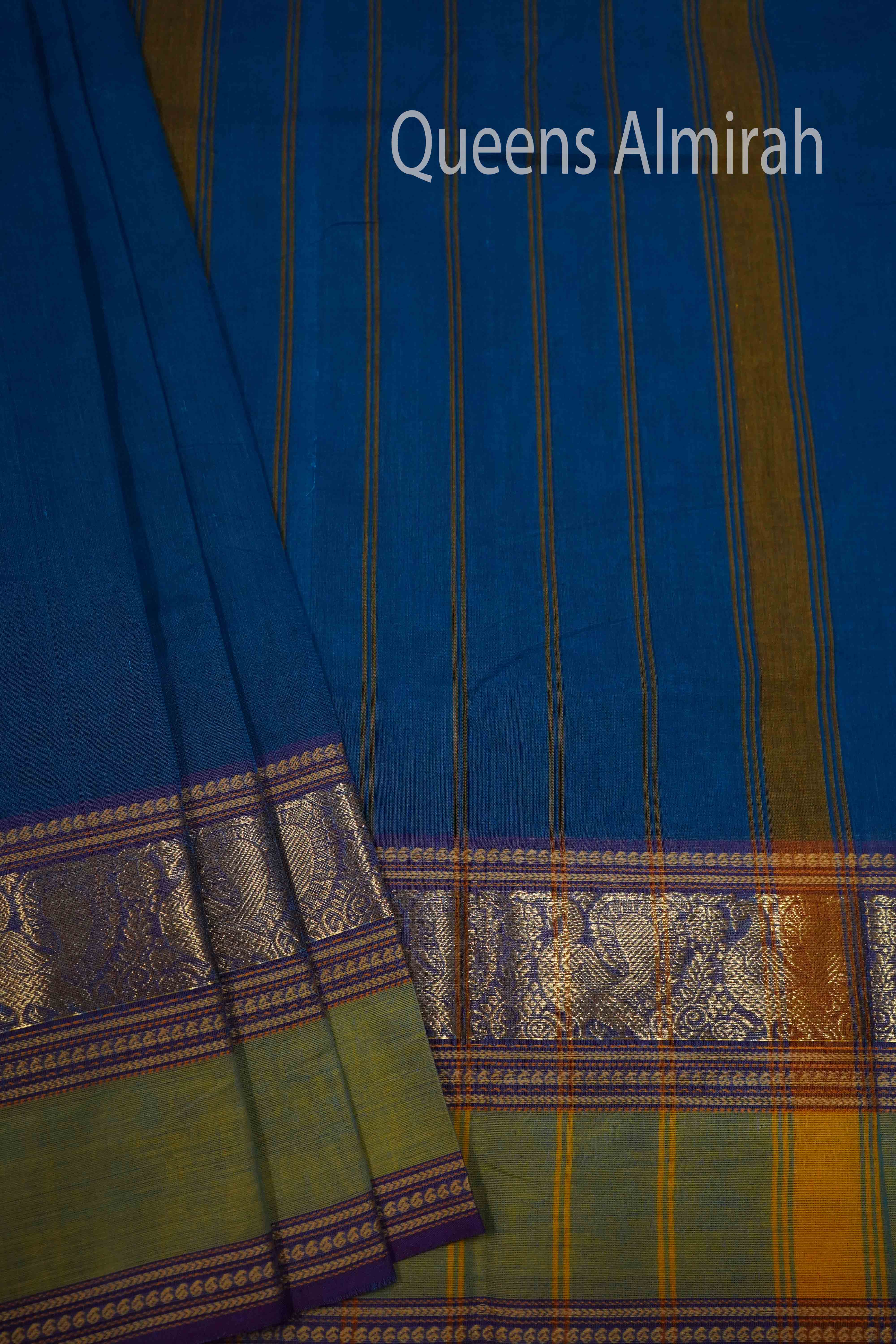 PERISAN BLUE WITH DEEP PURPLE KANCHI COTTON SAREE - Queens Jewel Emporium