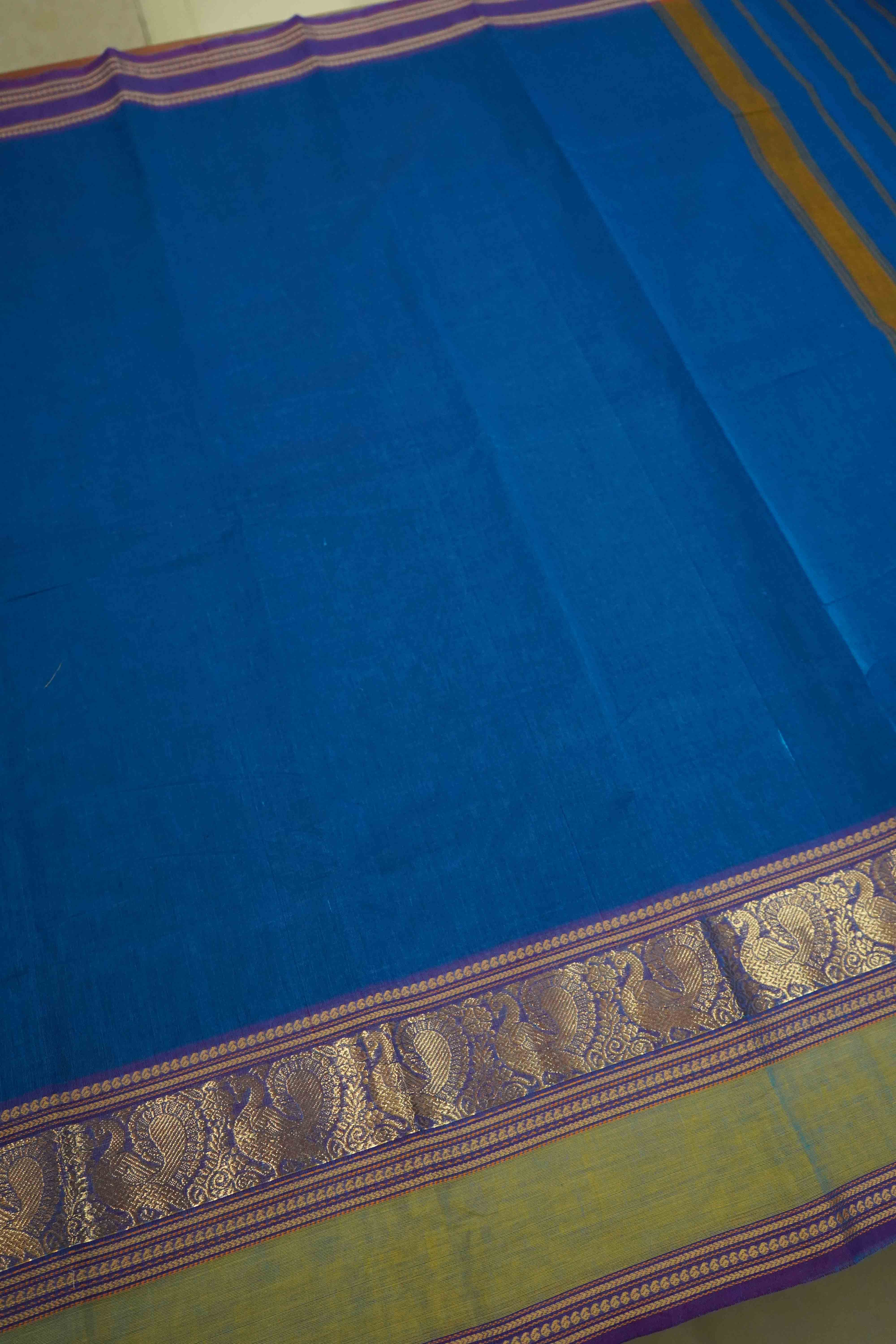 PERISAN BLUE WITH DEEP PURPLE KANCHI COTTON SAREE - Queens Jewel Emporium