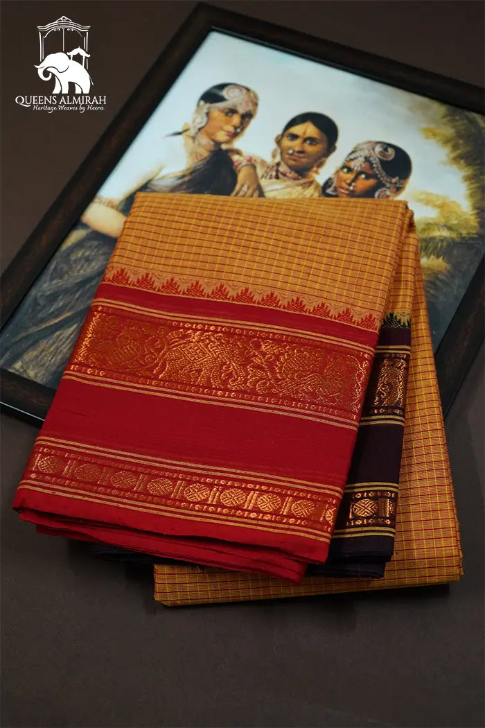 PERISAN ORANGE WITH RED KANCHI COTTON SAREE - Queens Jewel Emporium