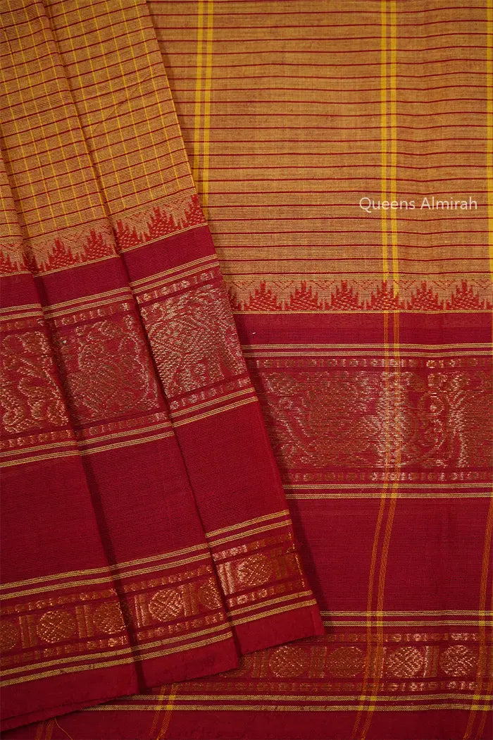 PERISAN ORANGE WITH RED KANCHI COTTON SAREE - Queens Jewel Emporium