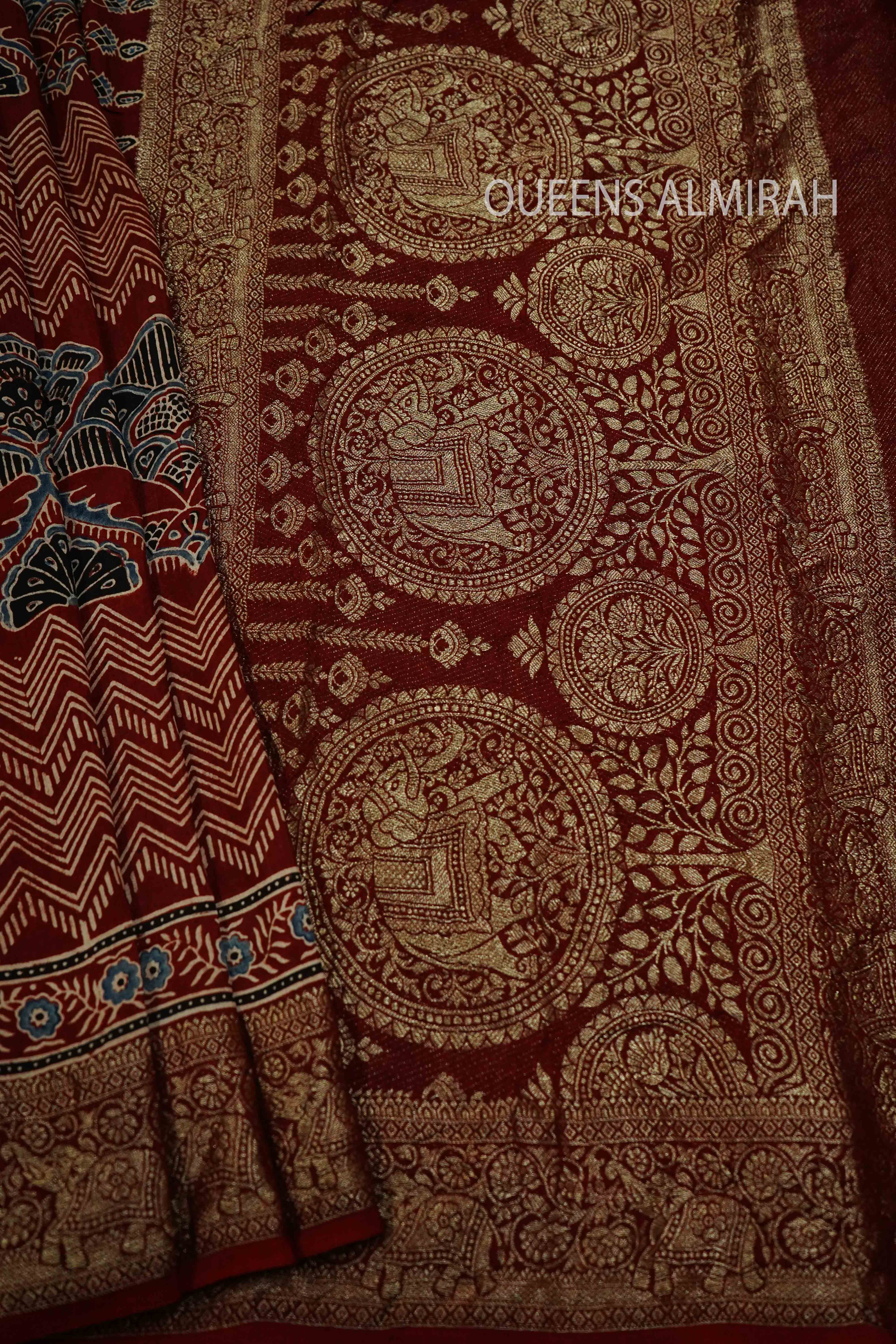 PERISAN PLUM RED DOLA AJARAKH SILK SAREE - Queens Jewel Emporium