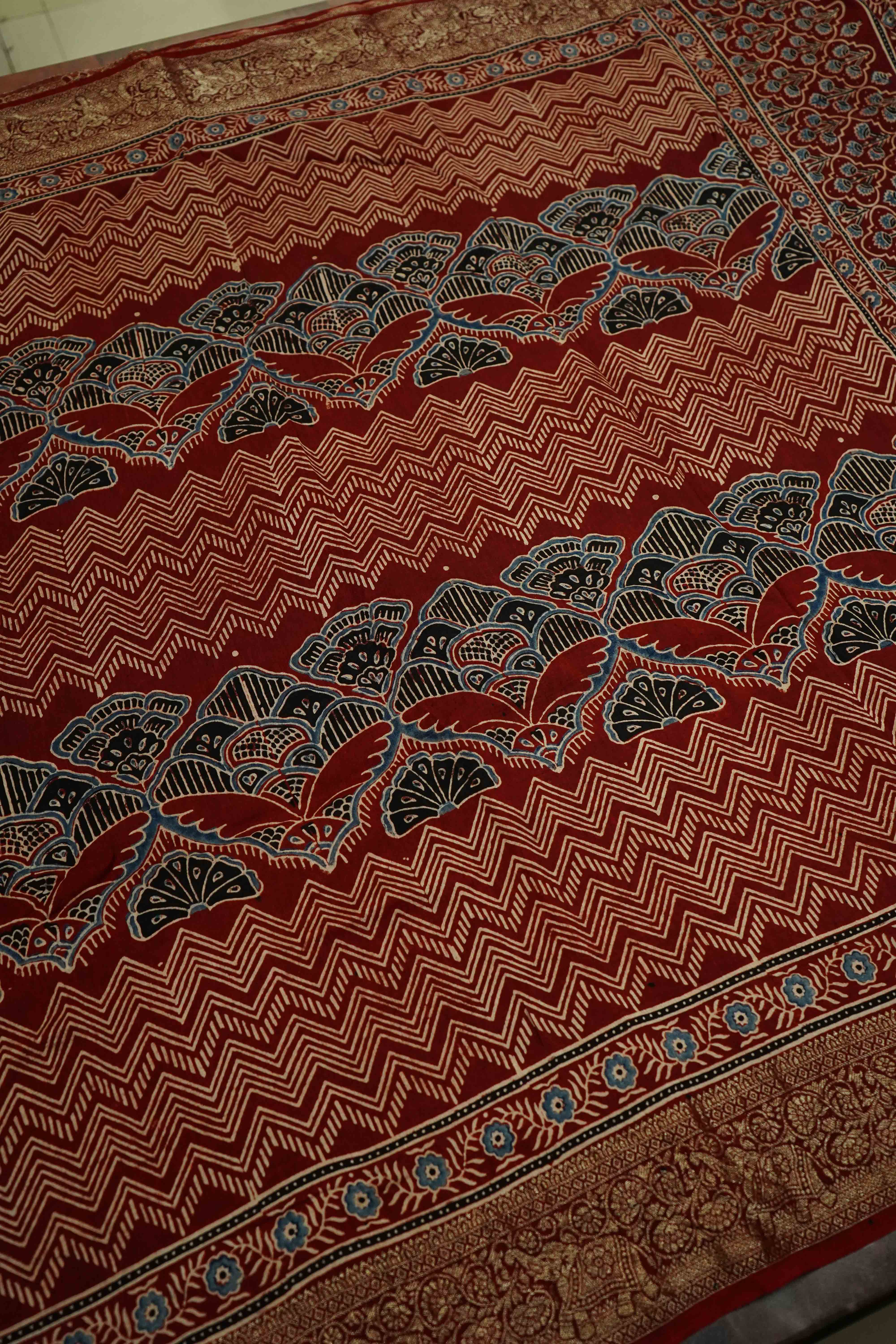 PERISAN PLUM RED DOLA AJARAKH SILK SAREE - Queens Jewel Emporium