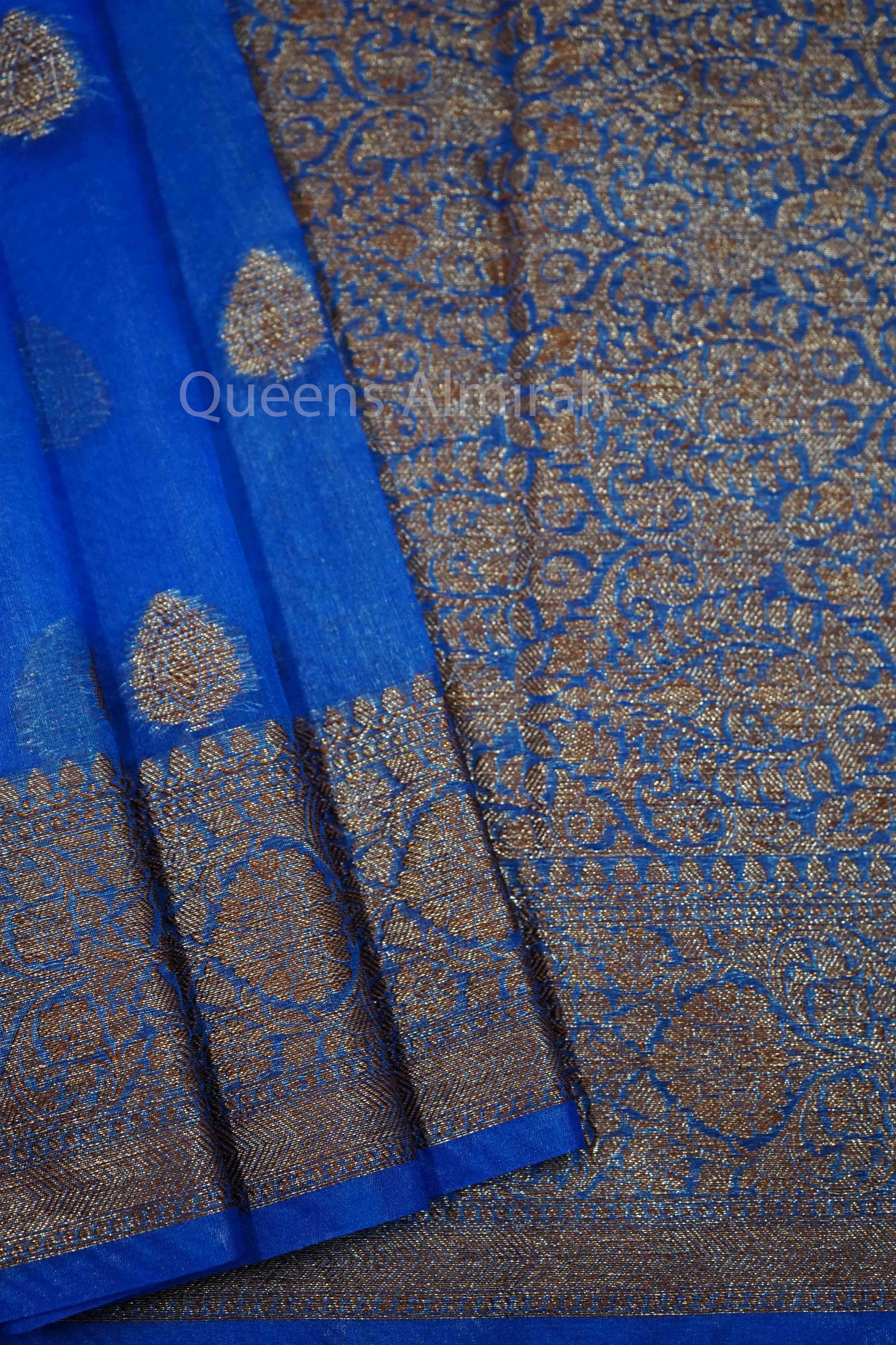 PERSIAN BLUE KORA ORGANZA SAREE - Queens Jewel Emporium