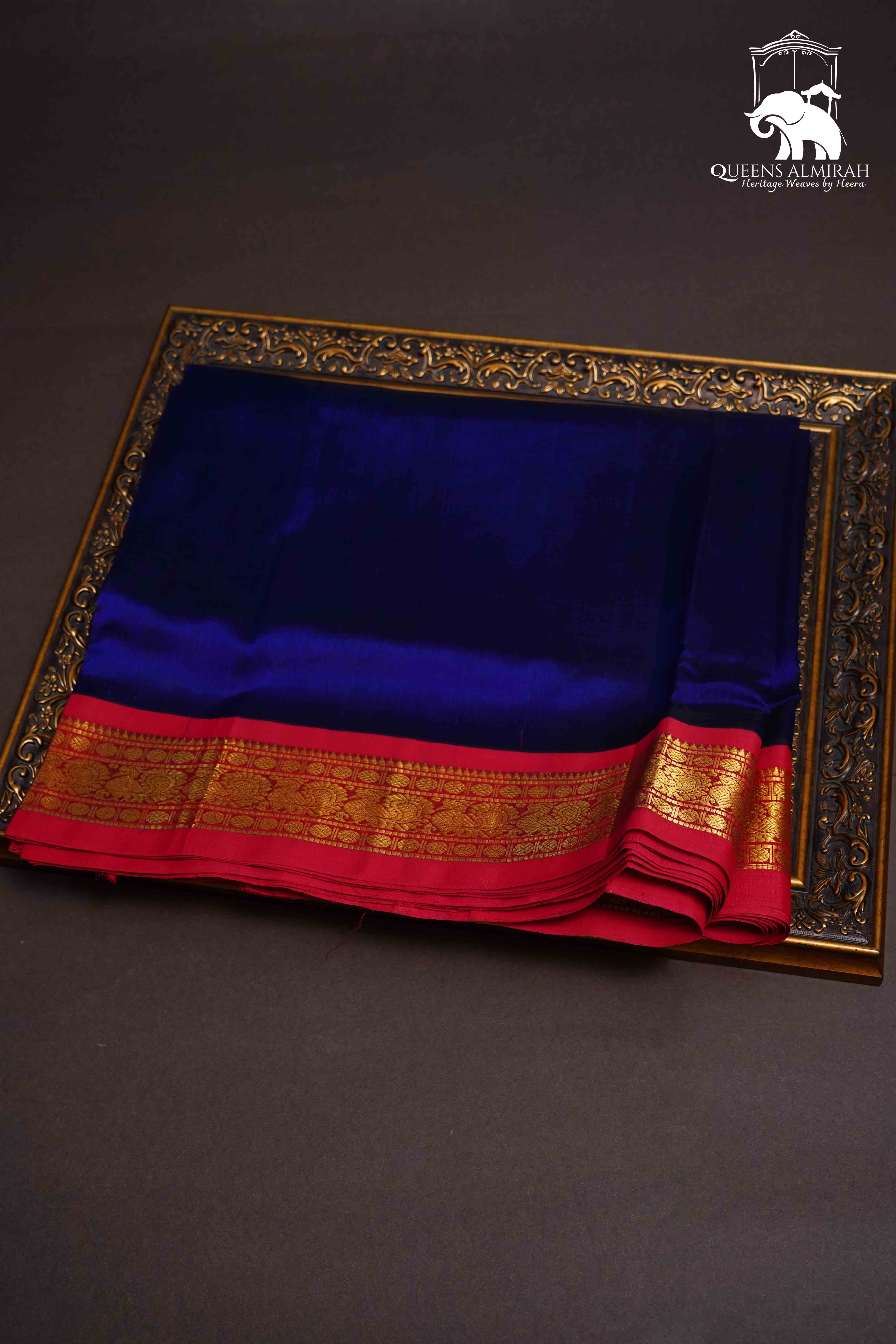 PERSIAN BLUE WITH RED PURE SILK COTTON SAREE - Queens Jewel Emporium